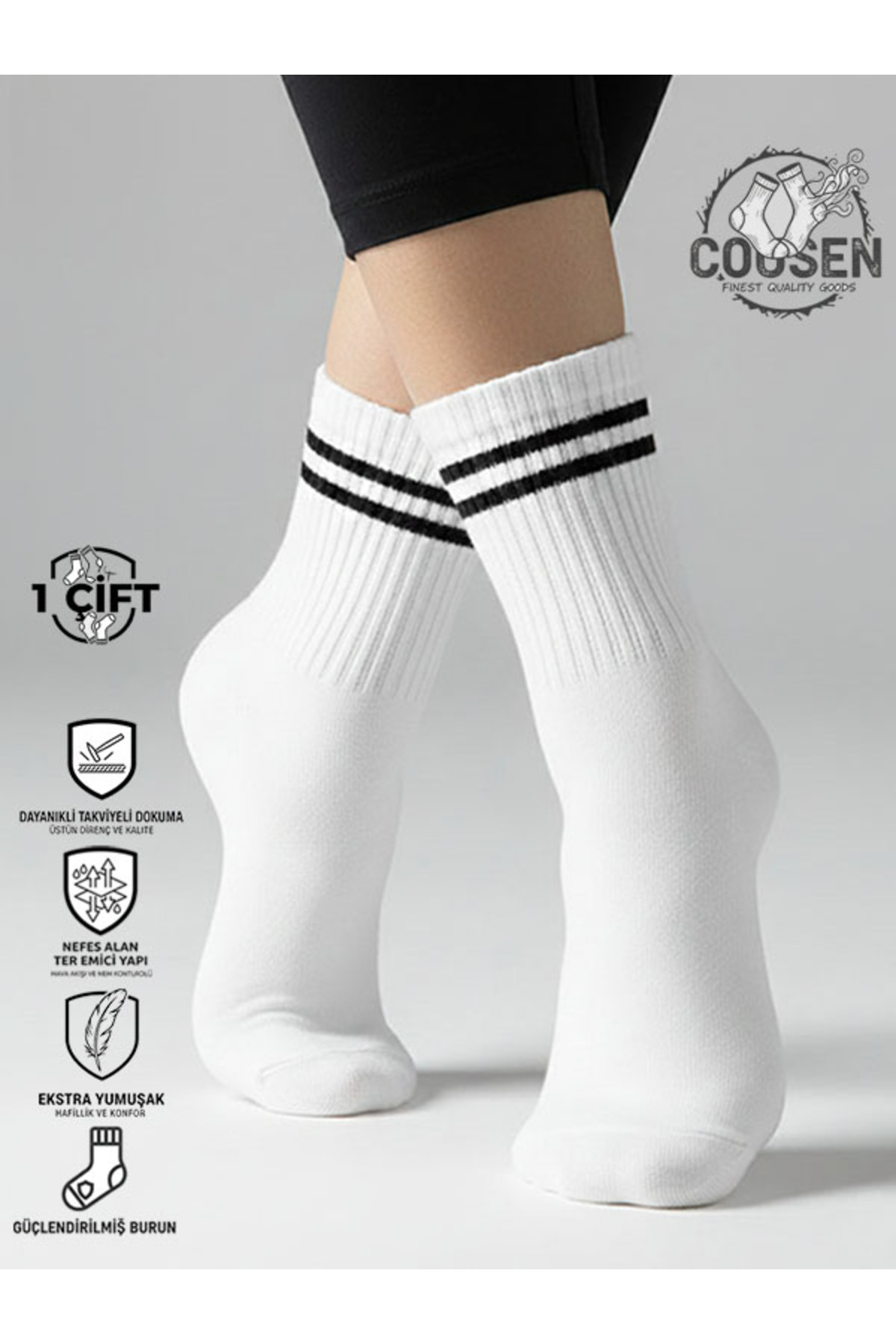 Cousen Premium Tenis Çizgili Beyaz Unisex Bay Pamuklu Çorap Günlük