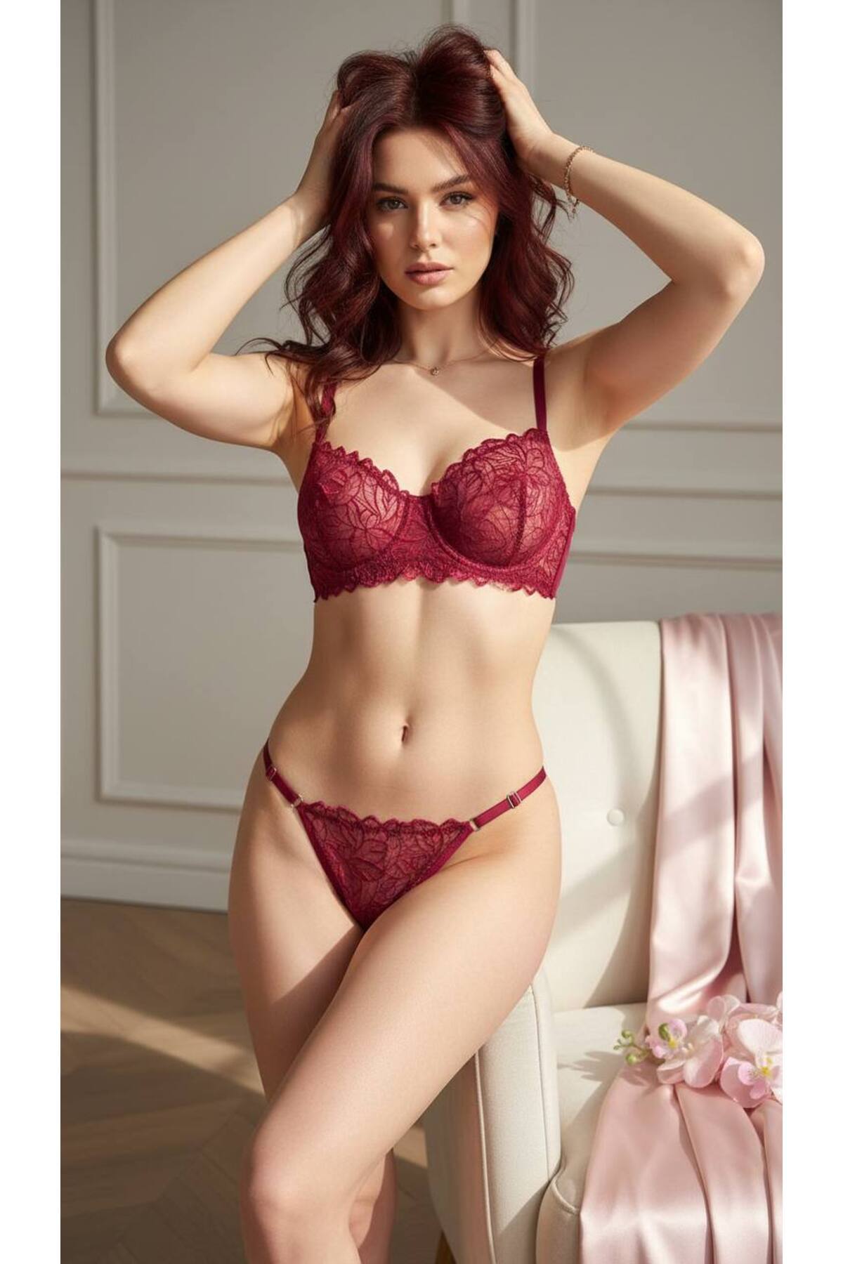 Burgundy Lace Underwire Bralet Set Bra Adjustable Thong Underwear Set