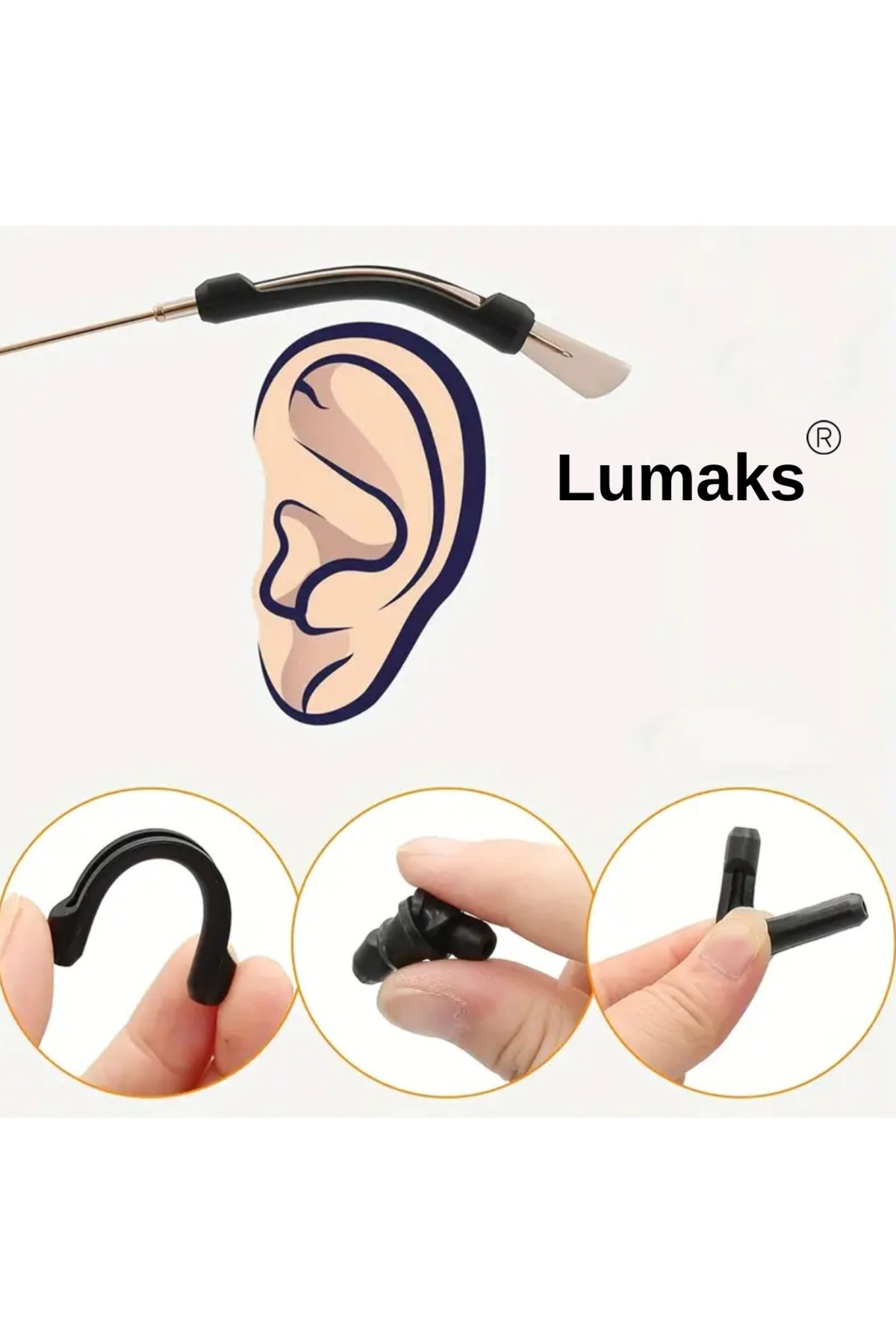 LUMAKS Gözlük Kulak Askısı Silikon – Kaymaz Kulak Arkası Sabitleyici Aparat Siyah (1 Çift)