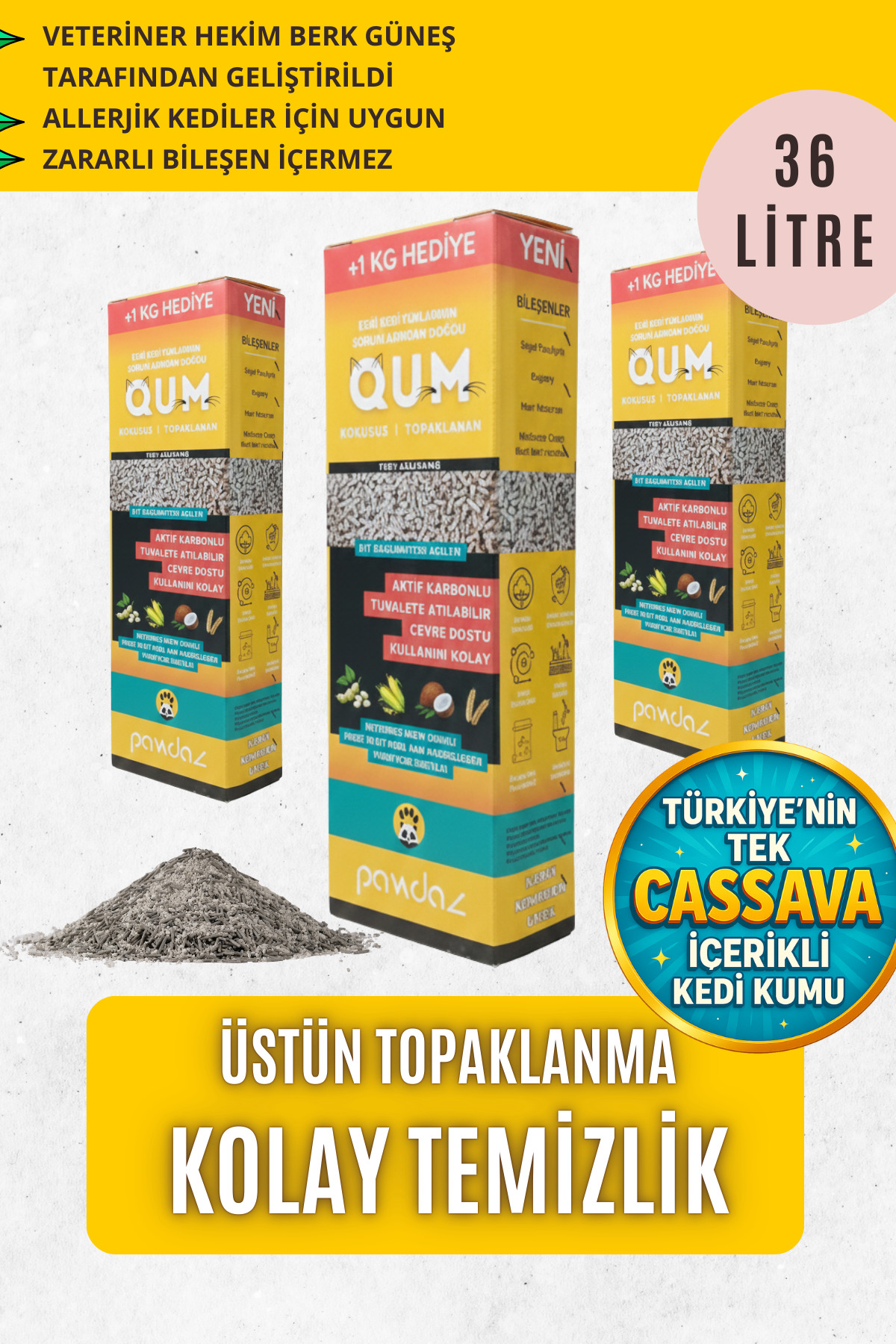 pawdaz Qum (36 LİTRE/24 KG ) - Cassava içeren, Topaklanan, Aktif