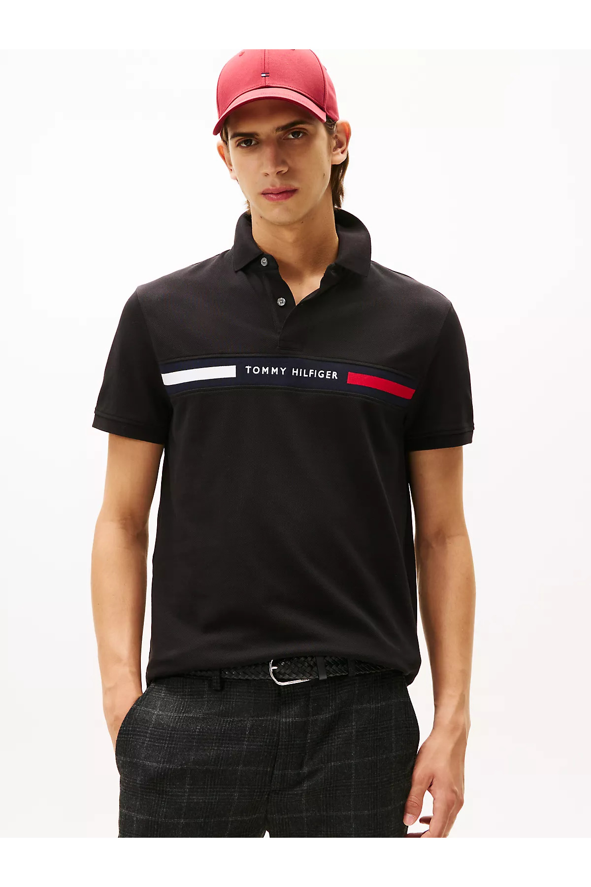 تامی هیلفیگر پولو شرت مردانه یقه دار سایز معمولی با نوار سینه و متن گلدوزی شده - مشکی