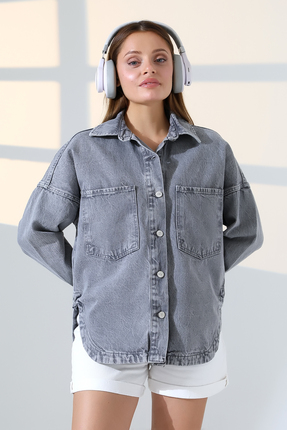BLUE NATIONAL JEANS Kadın Oversize Kesim denim Gömlek Ceket Kar Yıkama Gri Re...