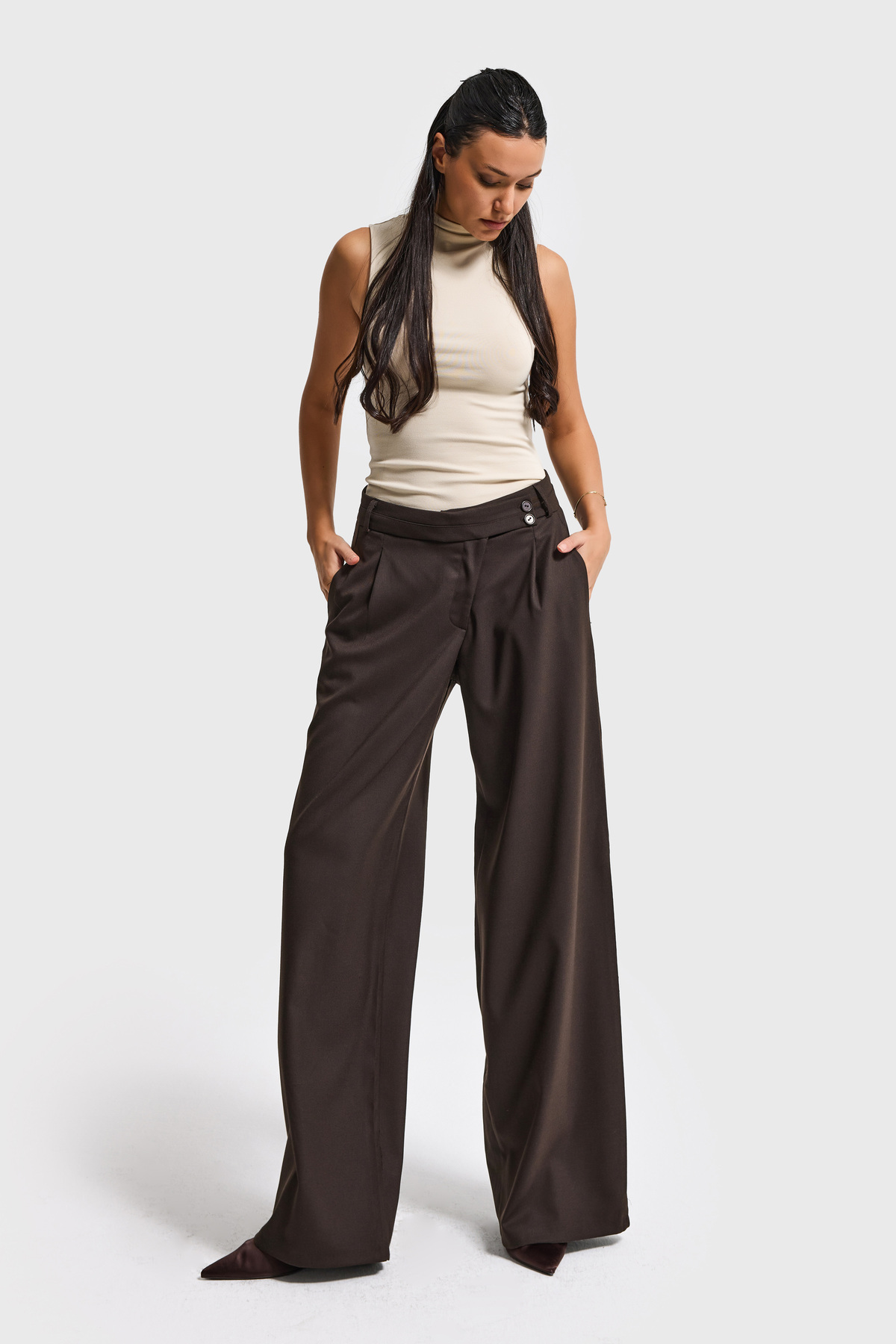 it's basic  Kadın Acı Kahve s6-16 Neptun Kemer Detaylı Palazzo Fit Pileli Pantolon