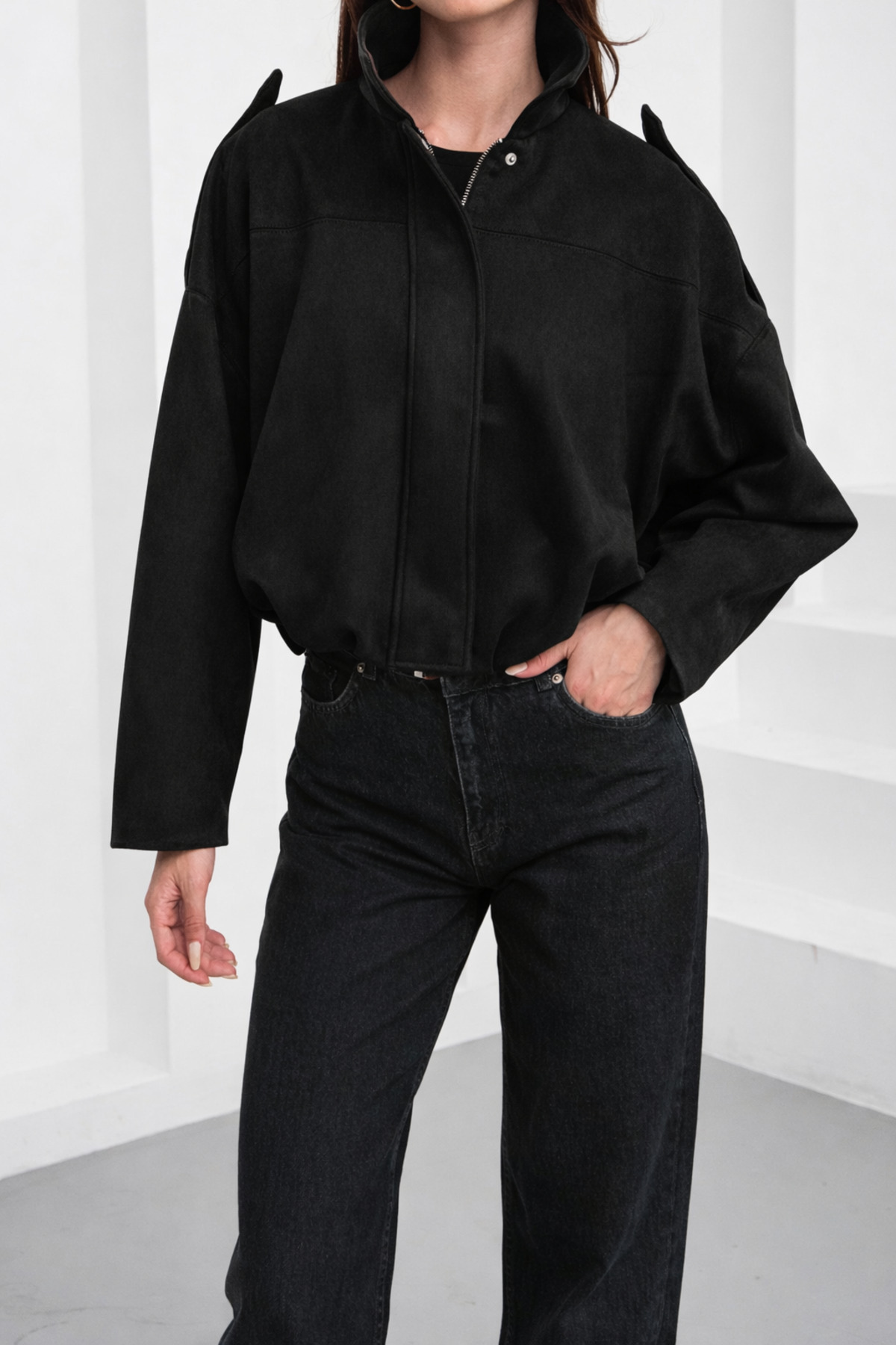 Eleganza Divina  Kadın sade astarlı bomber süet ceket - Görsel 3