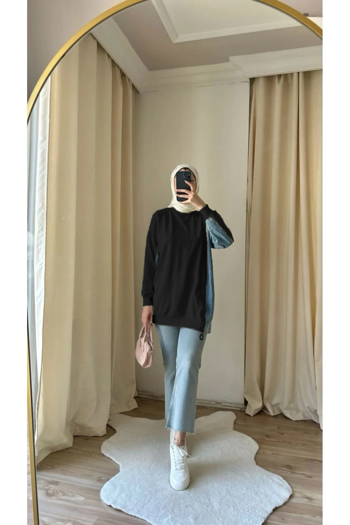 Suede Style 8777 - 2 Iplik Rahat, Salaş Yan Fermuarlı Kot Detaylı Kadın Uzun Sweatshirt