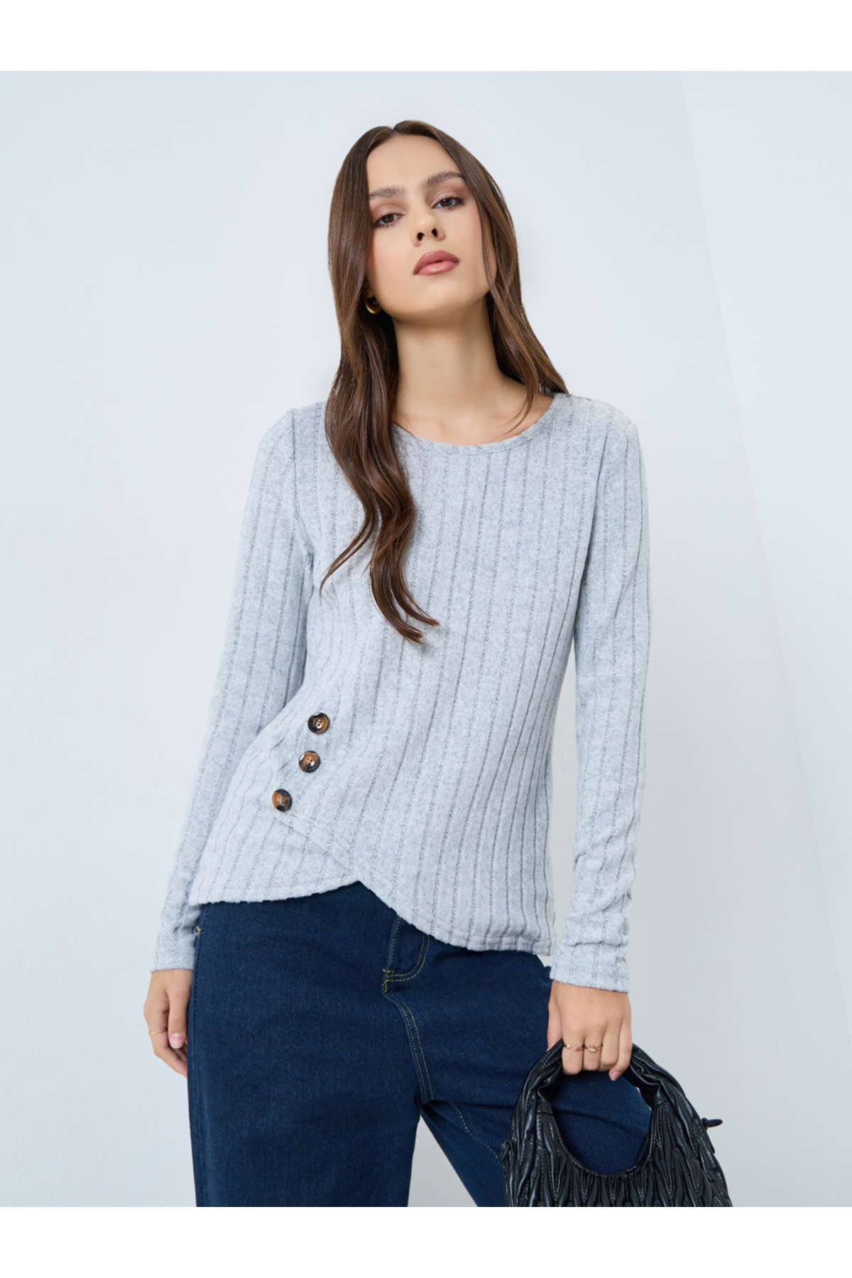 Take Two By Styli Grey Ribbed Button Side Detail Top