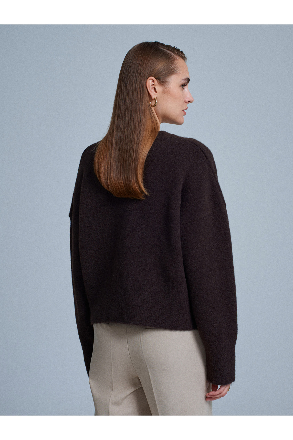 Dilvin  10645 V Yaka Yün Karışımlı Kazak-Koyu Kahve - Görsel 3