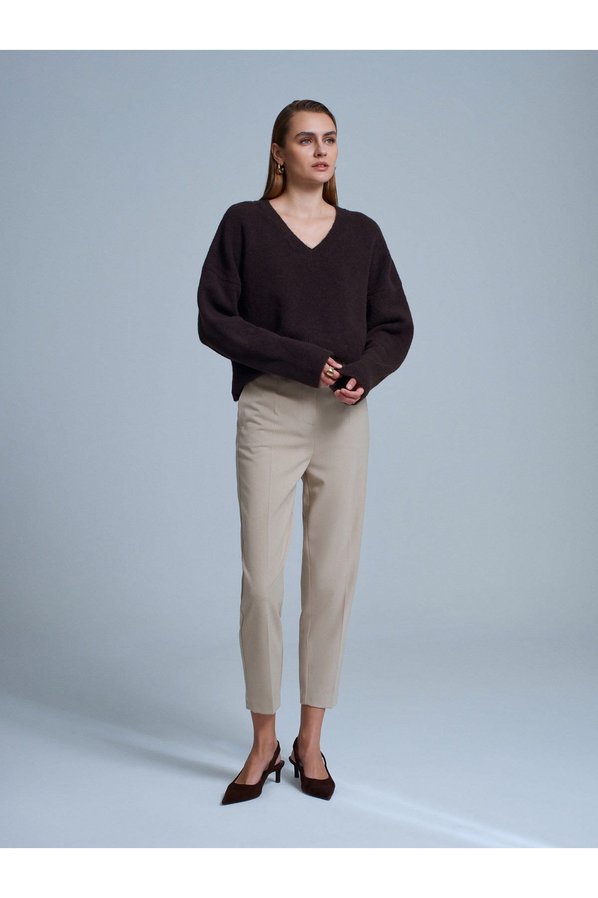 Dilvin  10645 V Yaka Yün Karışımlı Kazak-Koyu Kahve - Görsel 5