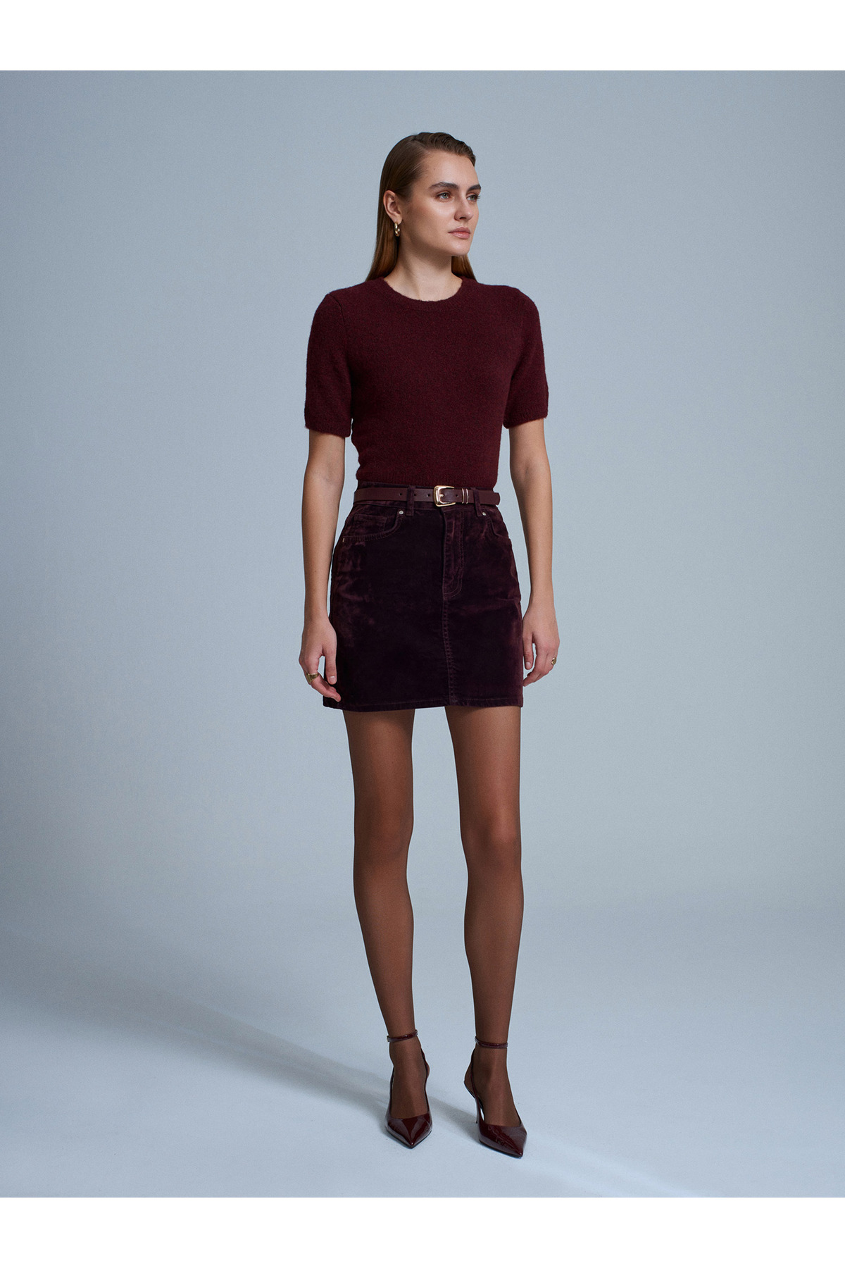 Dilvin 80593 Kadife Mini Etek-Bordo