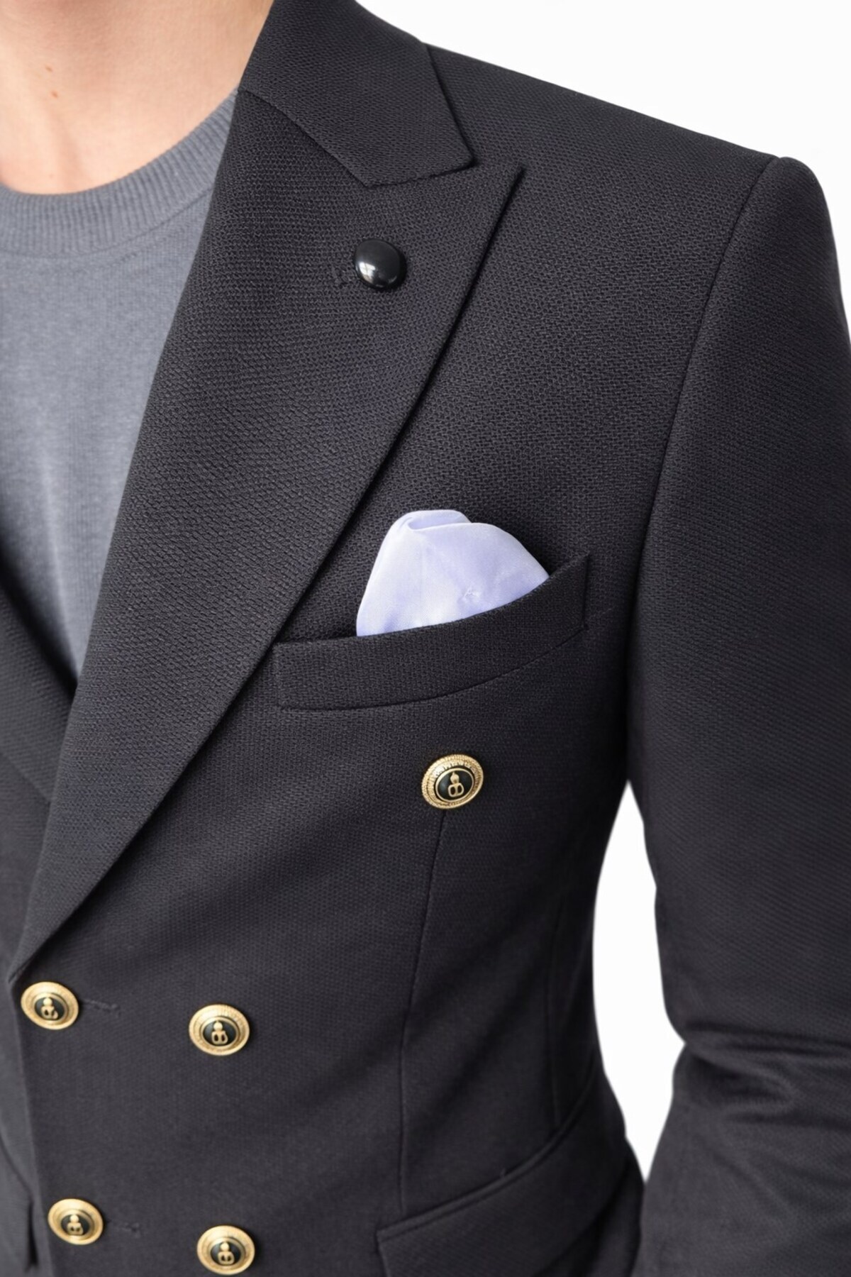 Plus Scorpion  Erkek Kruvaze Gold Düğmeli Dokulu Likralı Kumaş Blazer Ceket – Modern Kesim Şık Tasarım - Görsel 6