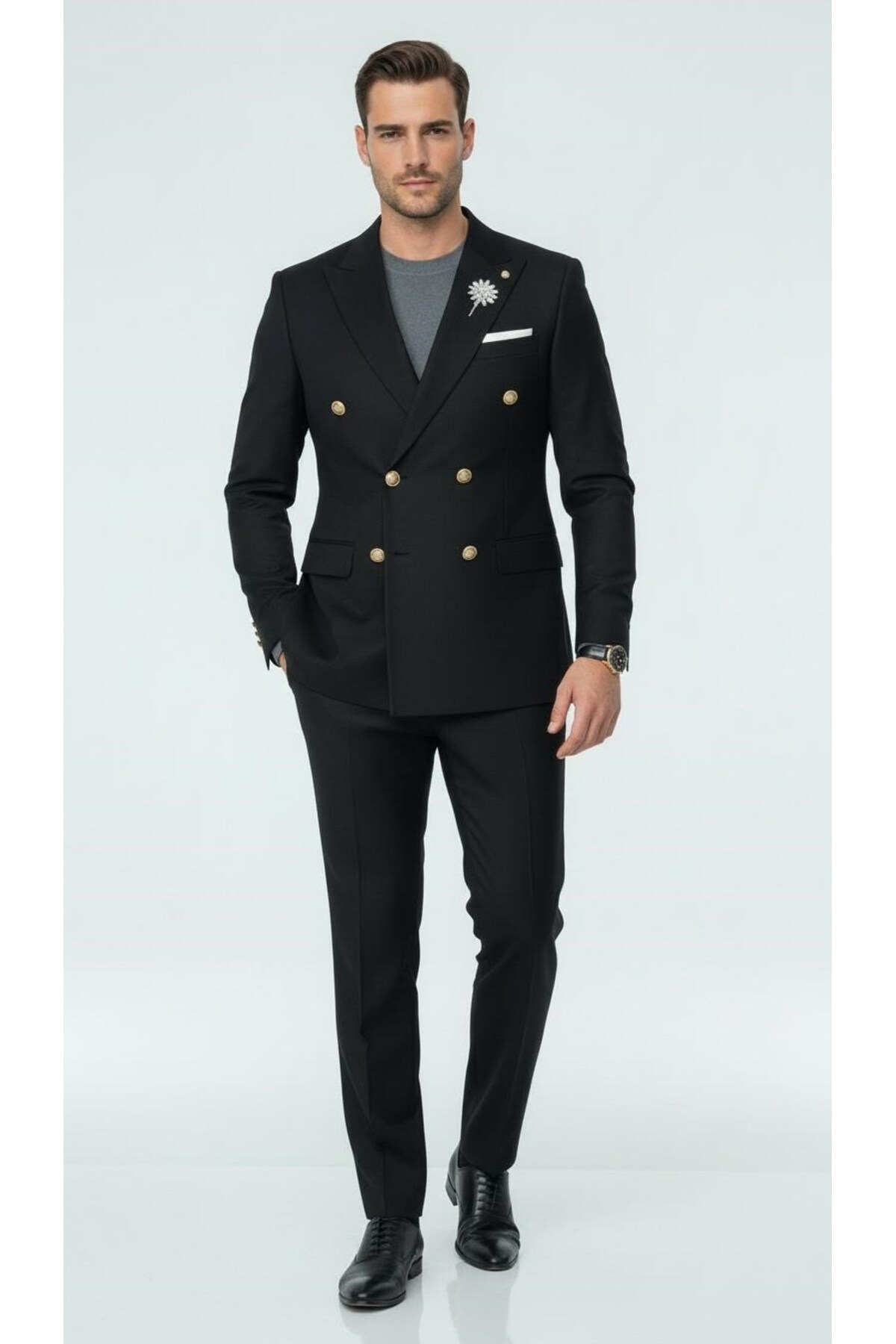 Plus Scorpion  Erkek Kruvaze Gold Düğmeli Dokulu Likralı Kumaş Blazer Ceket – Modern Kesim Şık Tasarım