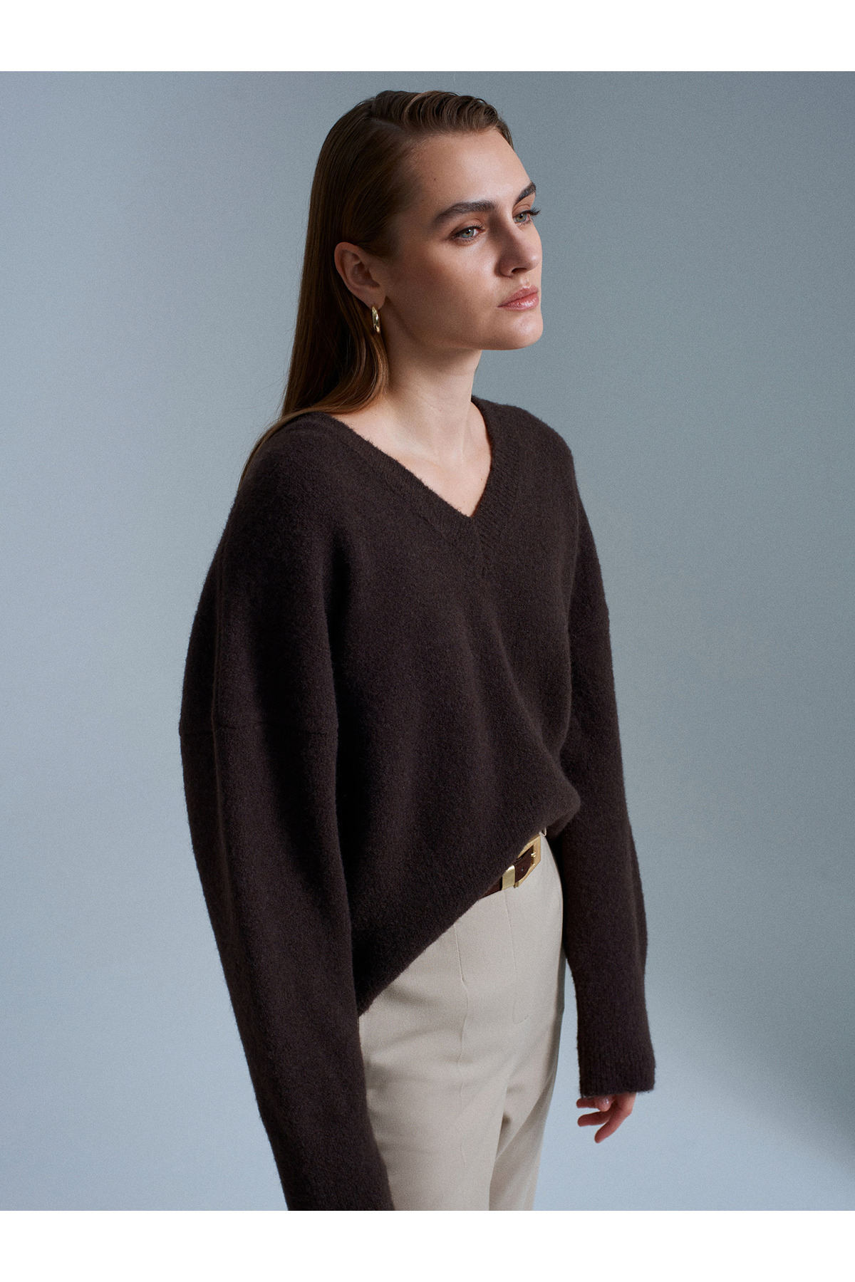 Dilvin  10645 V Yaka Yün Karışımlı Kazak-Koyu Kahve - Görsel 2
