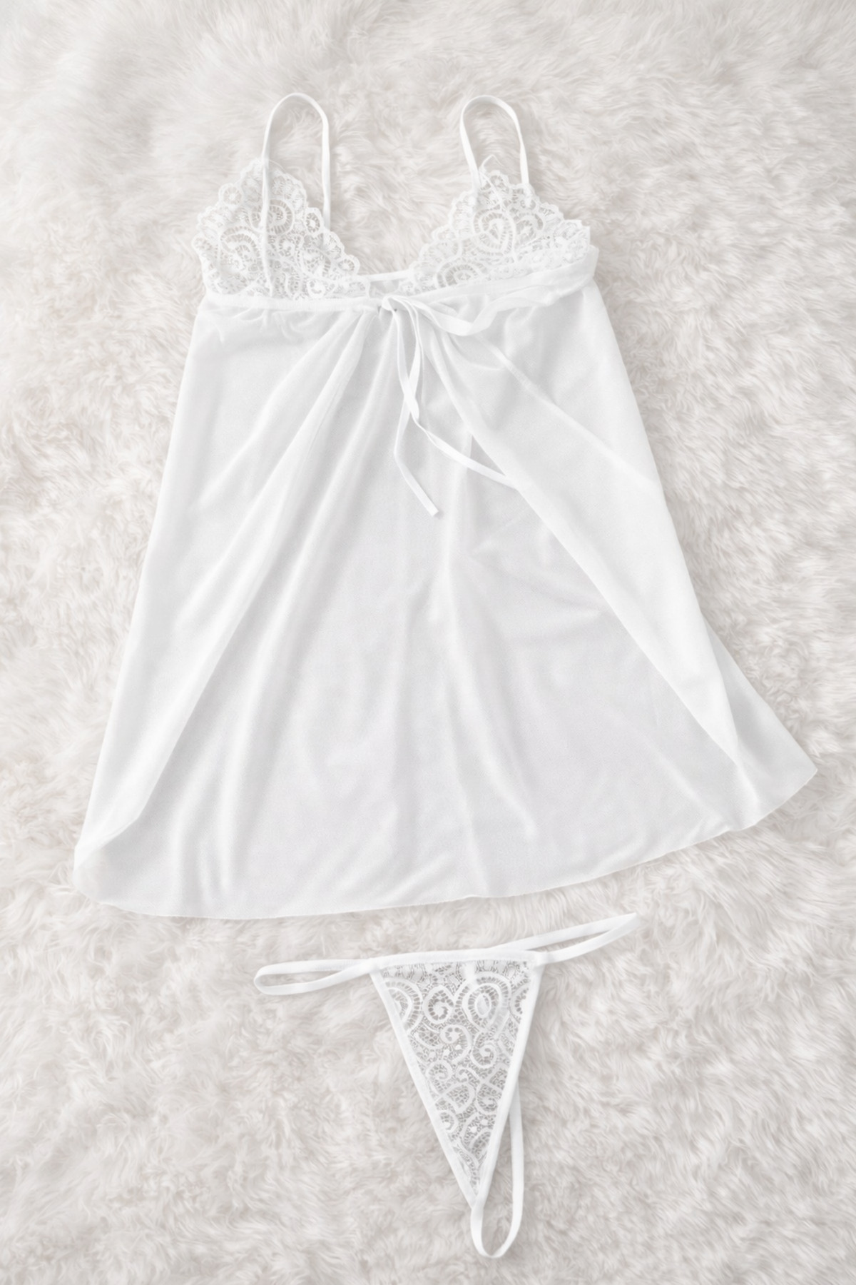 Liora De Mar Kadın Beyaz Dantelli Tül Babydoll Gecelik Takımı Tanga Hediyeli