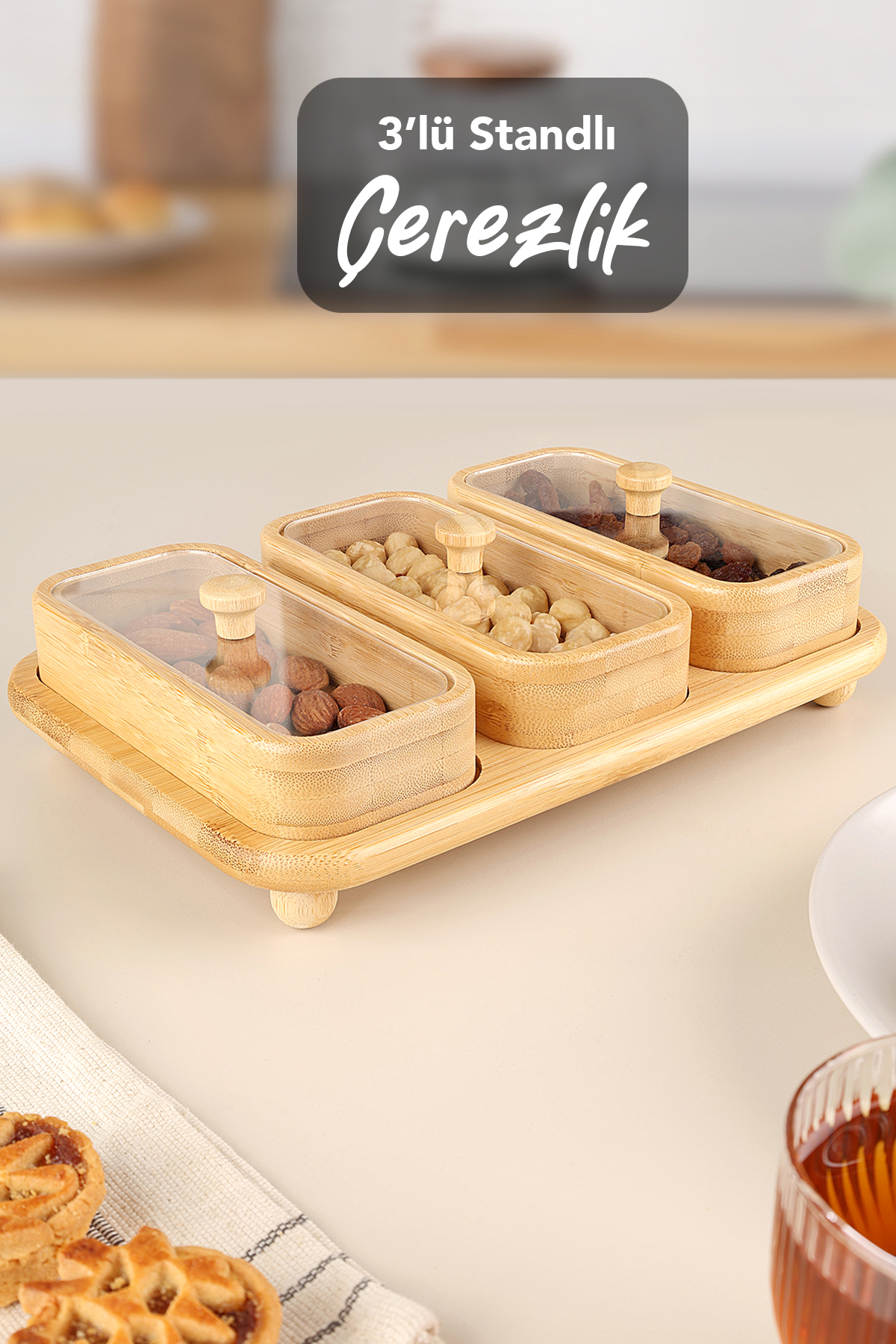 Meleni Home 3'lü Dikdörtgen Bambu Çerezlik - Standlı Kapaklı