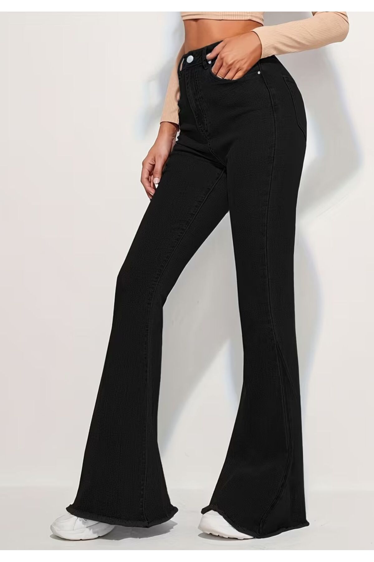 MRİABE  KADIN YÜKSEK BEL SAF SİYAH ZARİF İSPANYOL PACA JEANS KOT PANTOLONU - Görsel 6