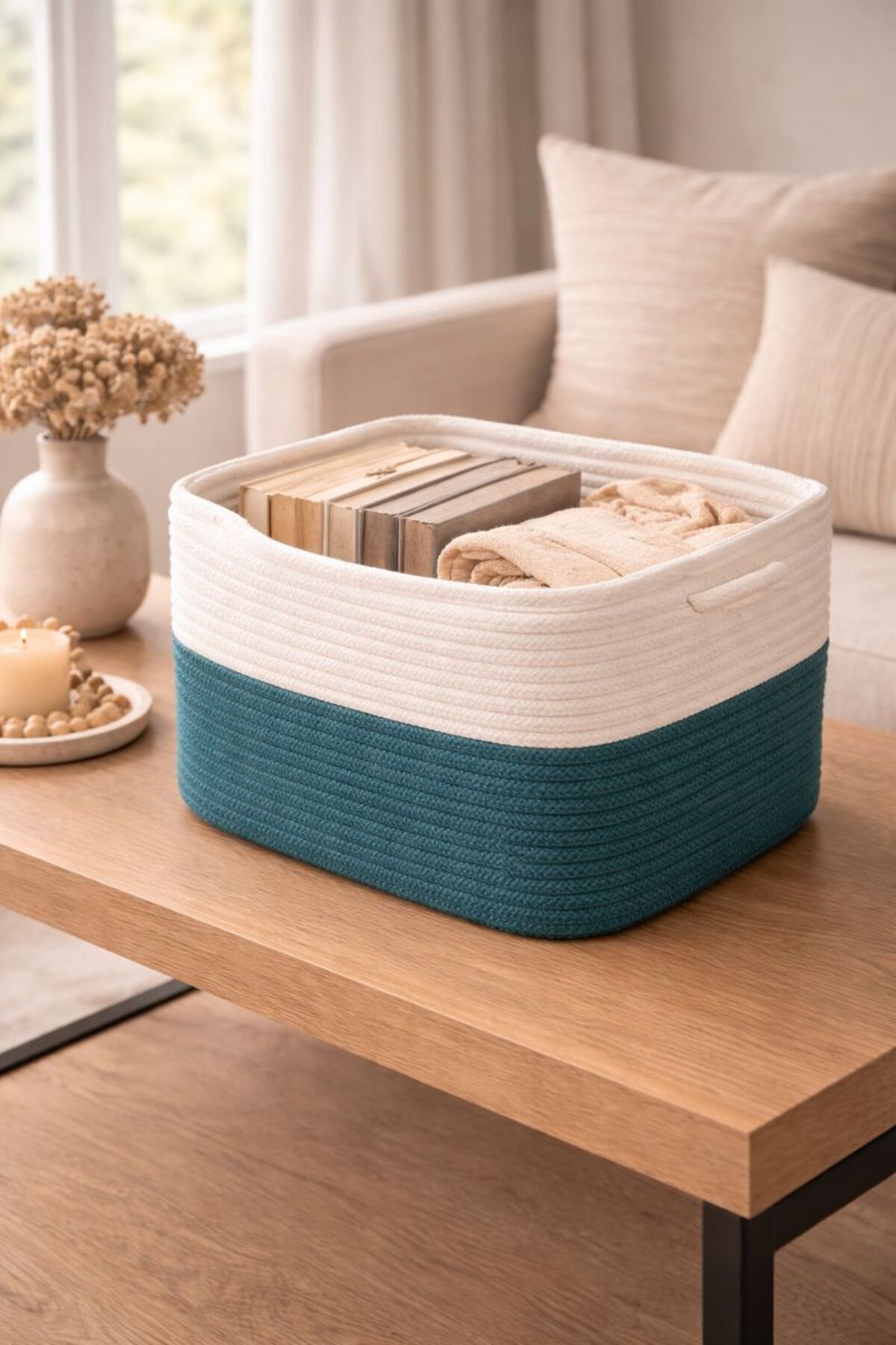 Nesto Decorative Jute Wire Mesh Rope Basket 34x28x24cm Multipurpose Organizer Rectangular Form