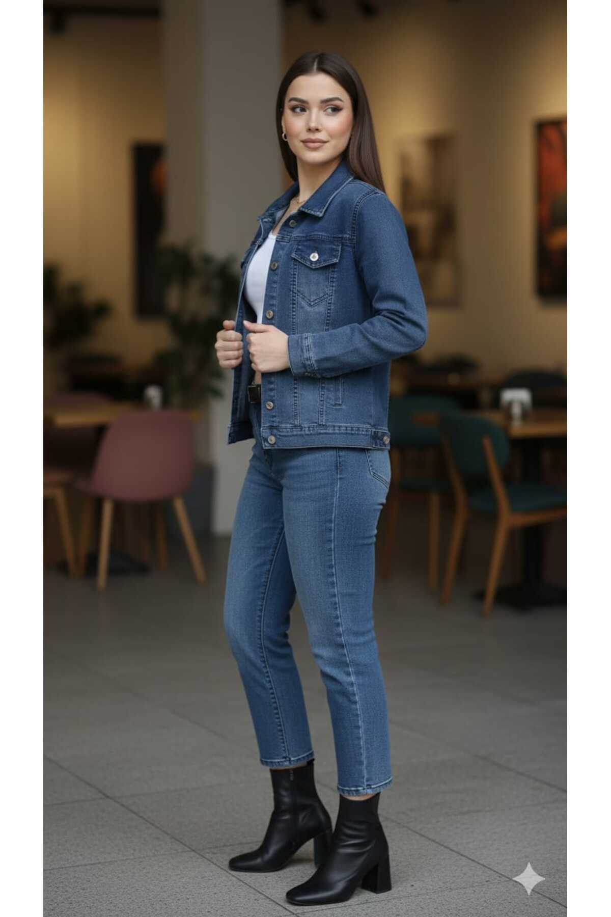 MODA  Yıkamalı Mavi denim silim kot ceket - Görsel 3
