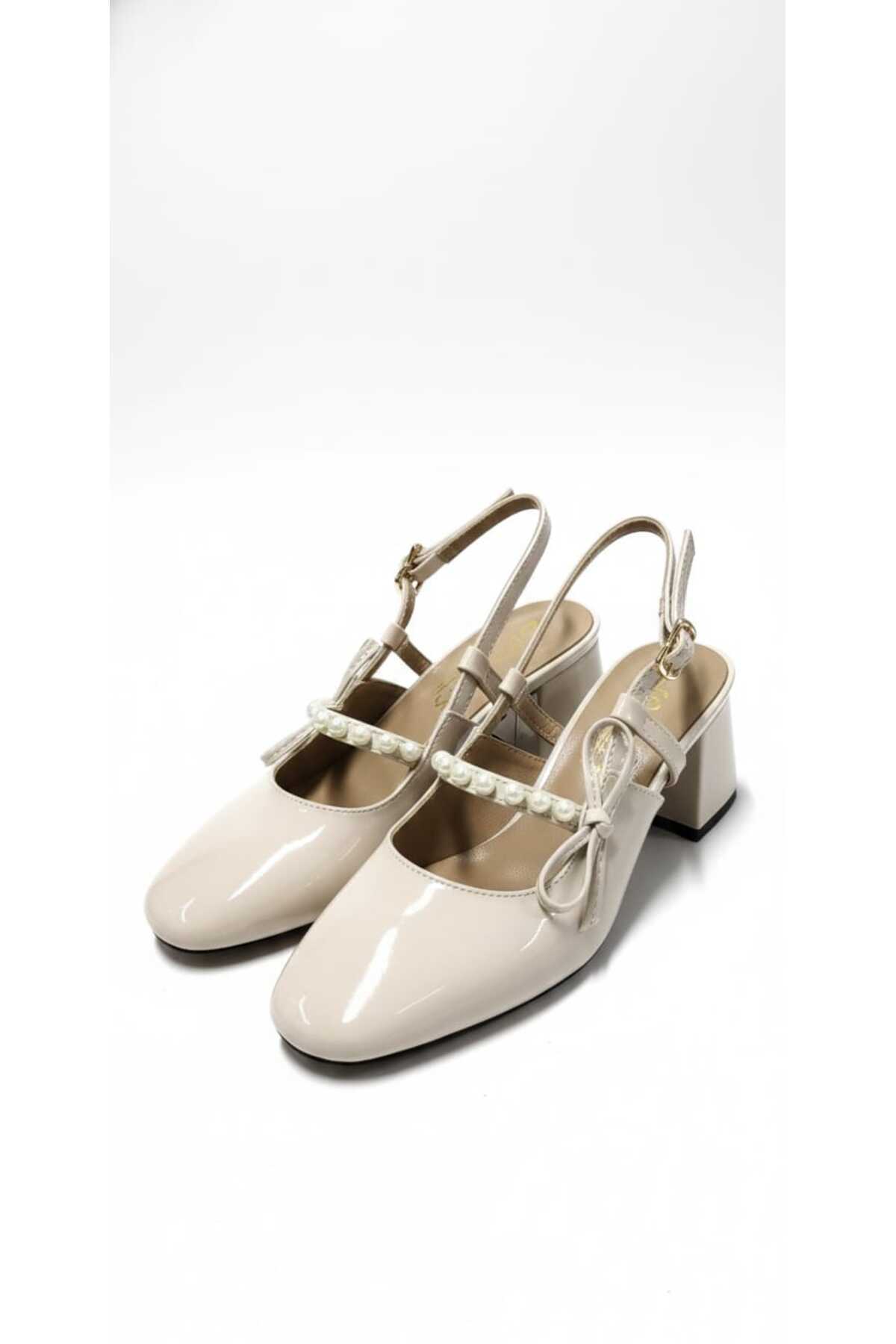 McDark  Kadın Bej Rugan Klasık Topuklu İnci Taşlı Ayakkabı - Görsel 3