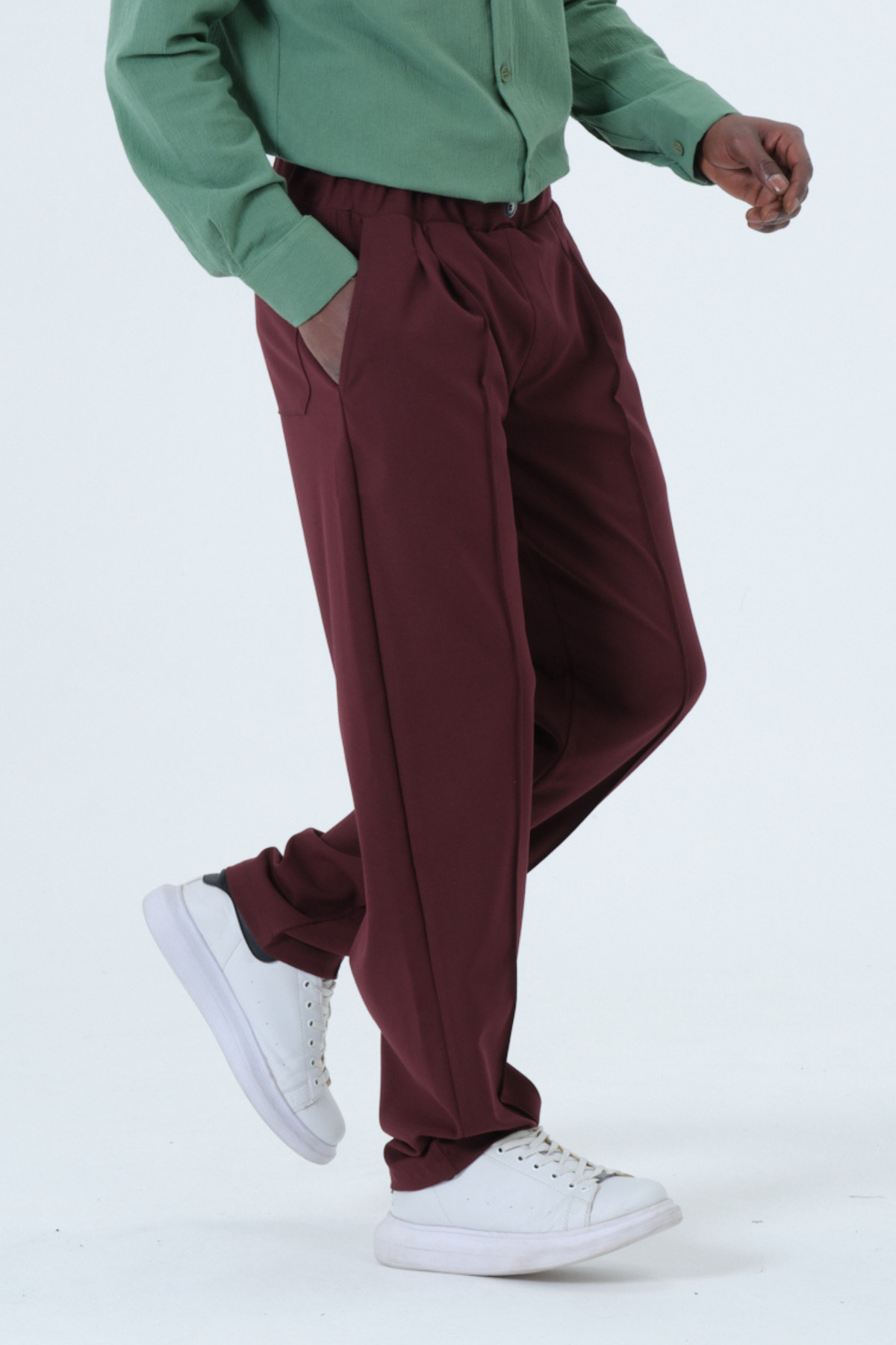 RELAXL Battal Boy Yalancı Düğmeli Pileli Çizgili Bordo Baggy Pantolon görsel 5