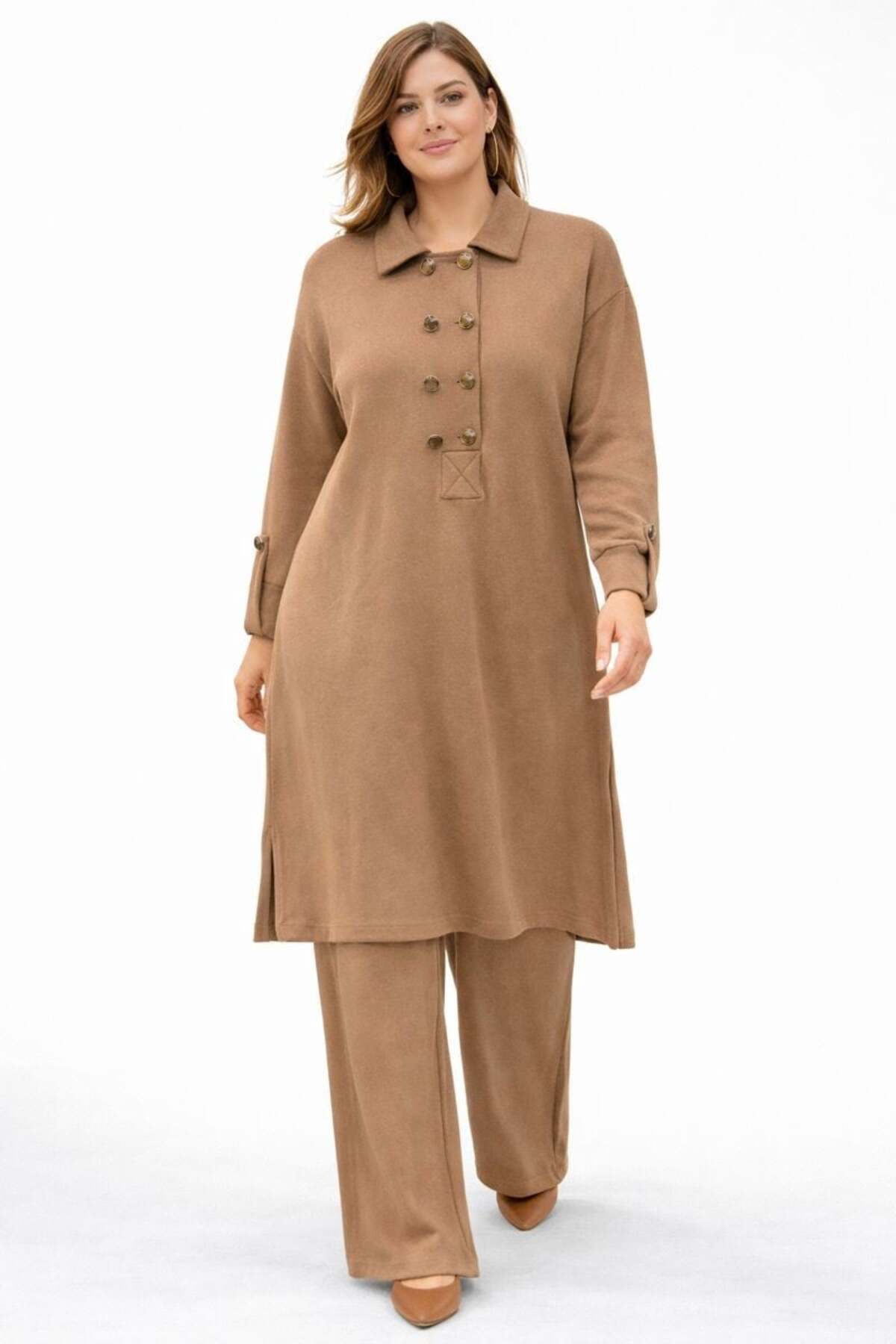 bezeXL Büyük Beden Düğmeli Örme İkili Takım Vizon