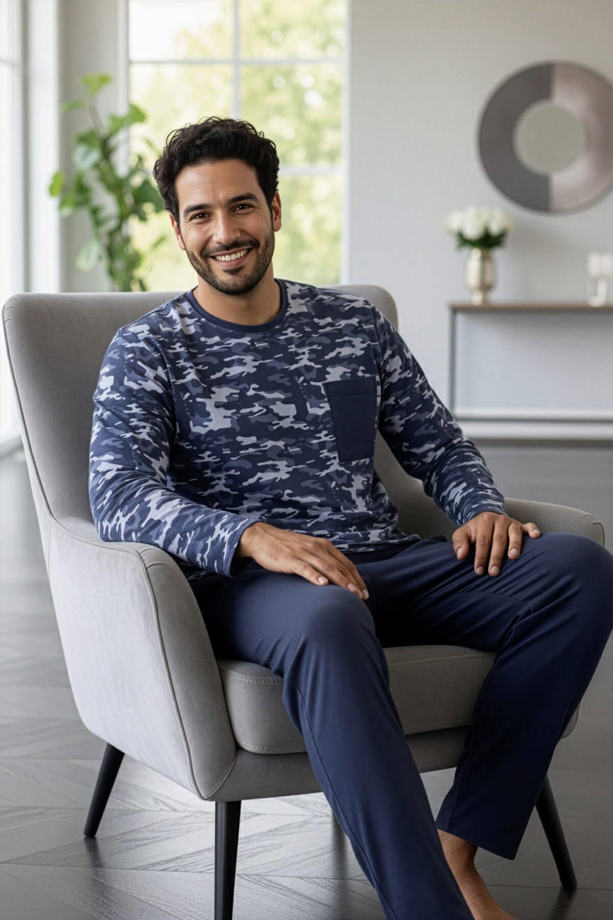 Pijamaevi Füme Kamuflaj Desenli Stylish Erkek Uzun Kol Pijama Takımı görsel 2