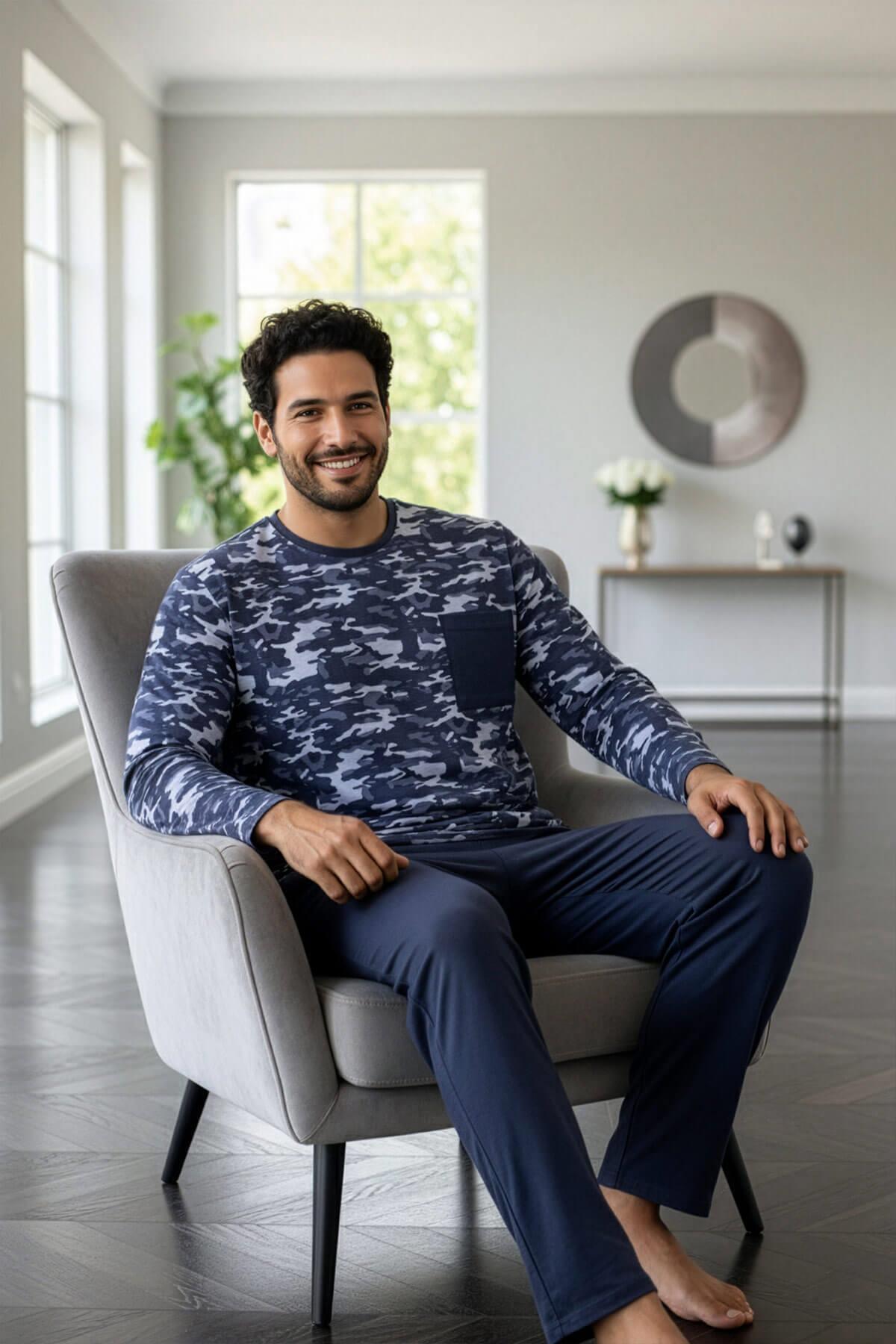 Pijamaevi Füme Kamuflaj Desenli Stylish Erkek Uzun Kol Pijama Takımı görsel 4