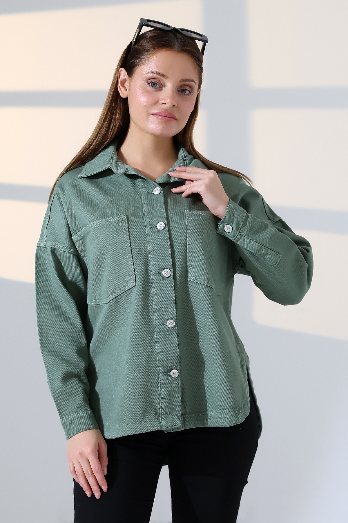 ژاکت زنانه گاباردین برش اور سایز سبز Daily Elegance -BNJ4880 2