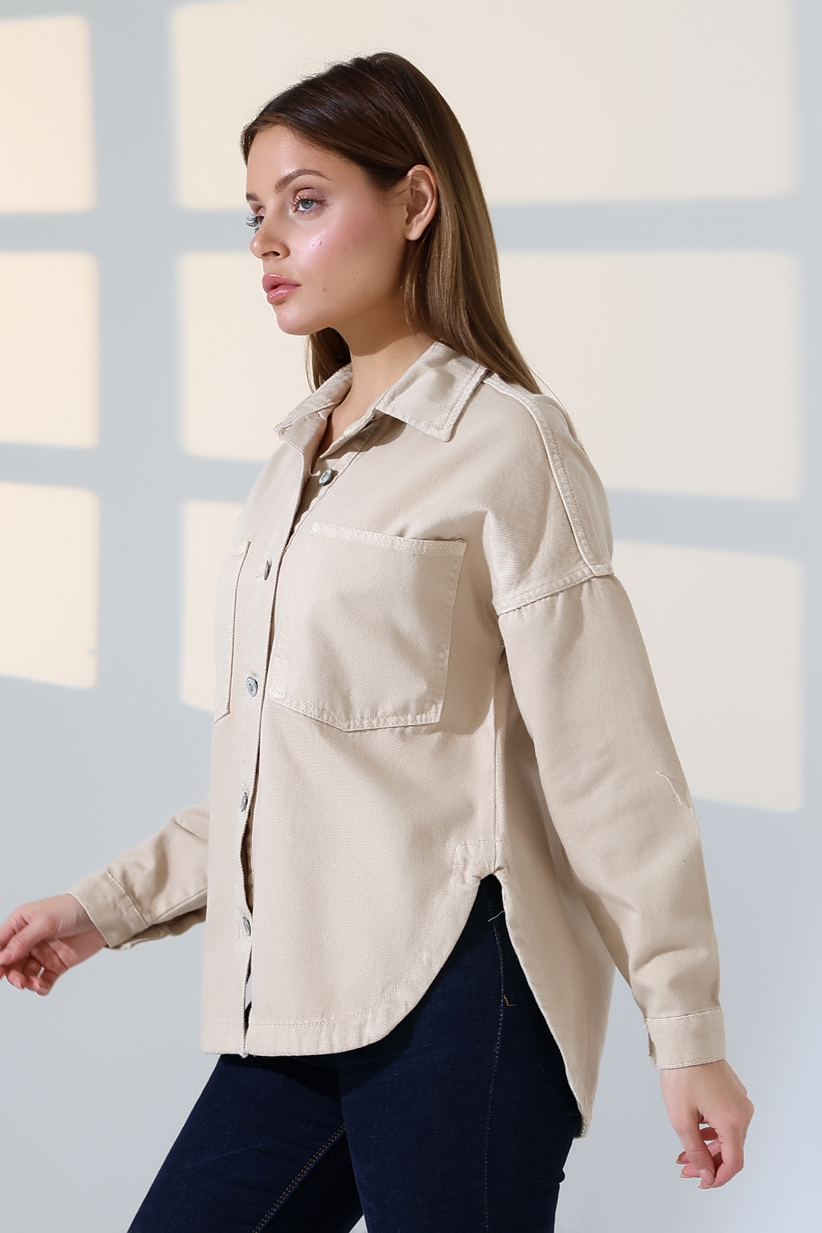 BLUE NATIONAL JEANS  Kadın Oversize Kesim Gabardin Gömlek Ceket Bej Koyu Renk Günlük Şıklık -BNJ4887 - Görsel 6