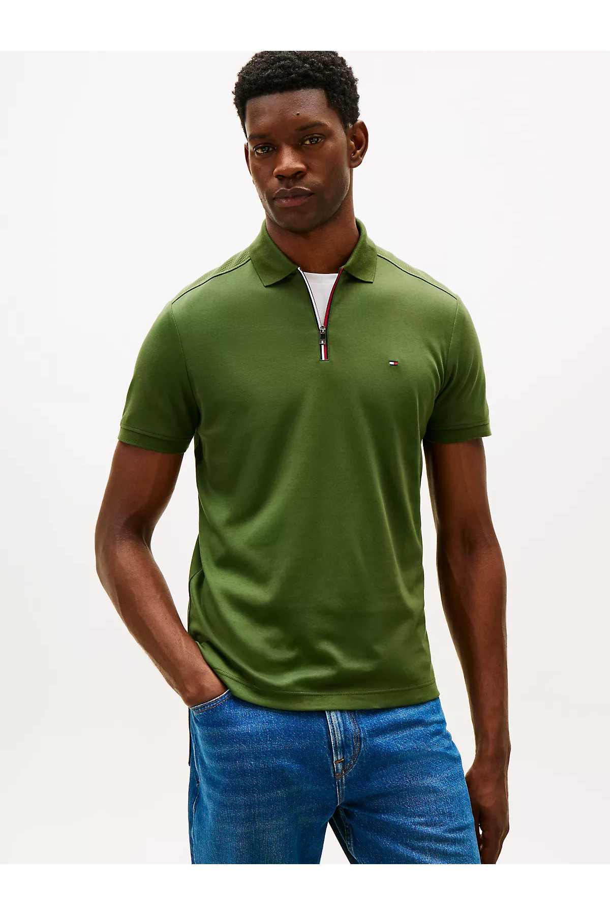 تامی هیلفیگر تی شرت مردانه یقه گرد نخی معمولی آستین کوتاه زیپ دار سبز MW0MW41613-L01
