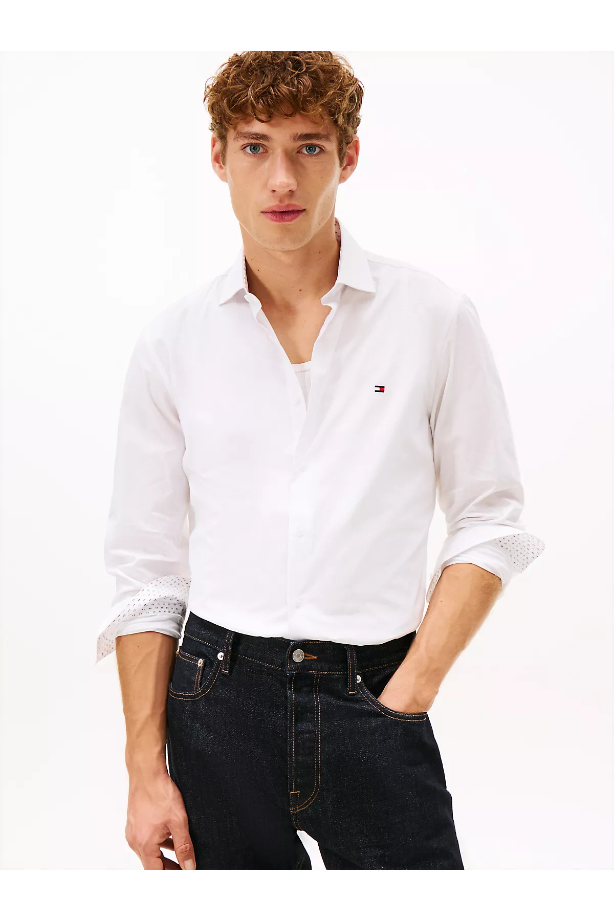 تامی هیلفیگر پیراهن مردانه آستین بلند اسلیم فیت سفید ۱۰۰٪ پنبه MW0MW41684-YBR