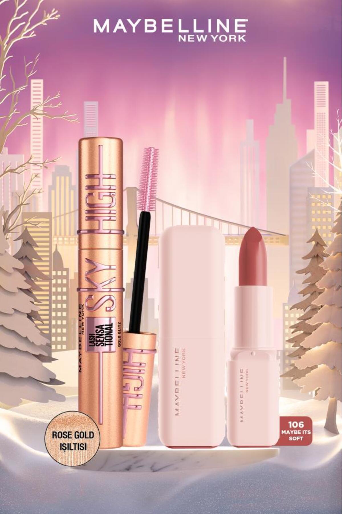 میبلین نیویورک ریمل و رژ لب اسکای های رزگلد گلیتز با جلوه سرمی، هیالورونیک اسید و روغن مغذی - 106