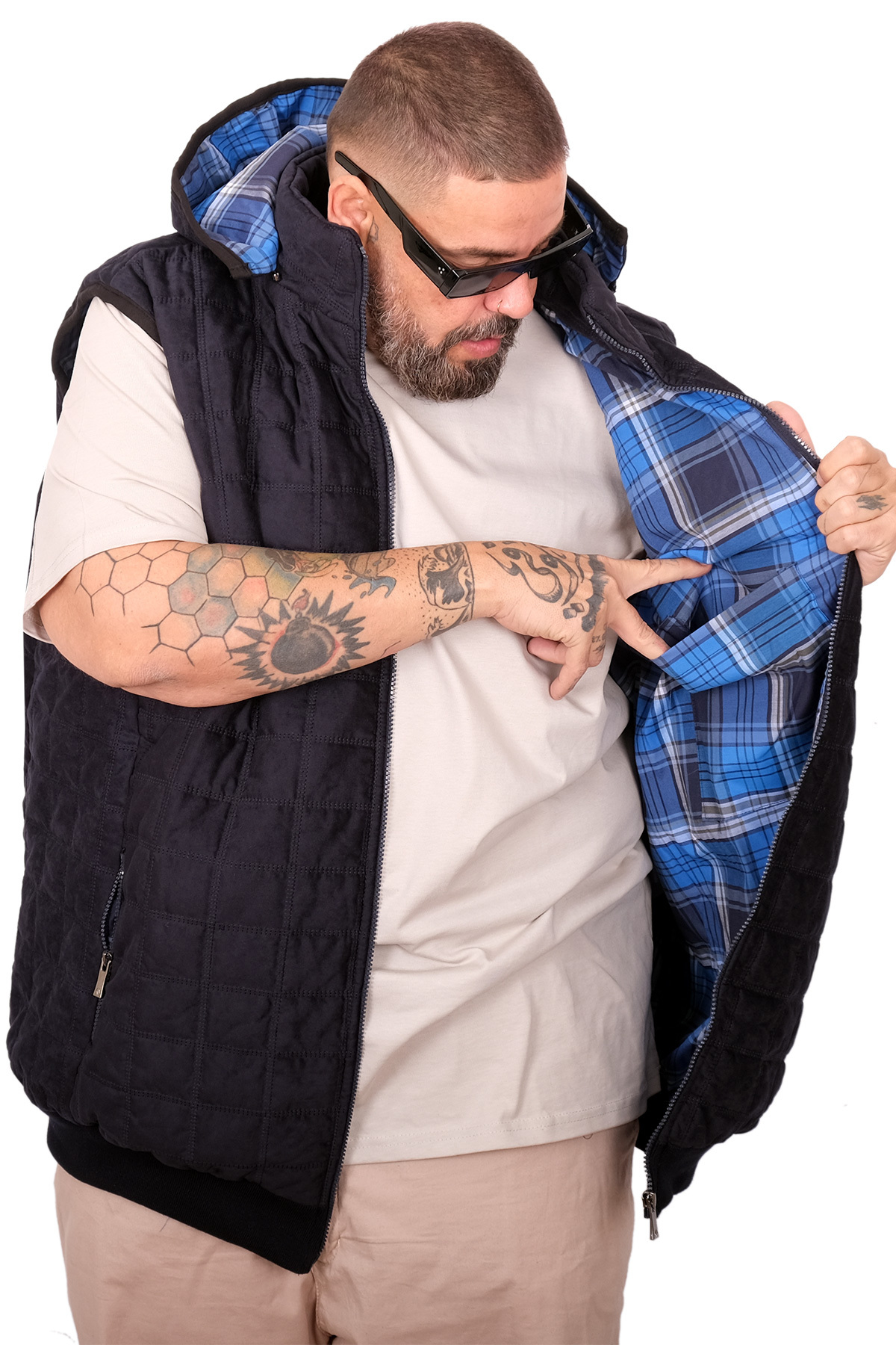 ModeXL Mode XL Battal Beden Erkek Kapitone Yelek U25717 lacivert süet görsel 3