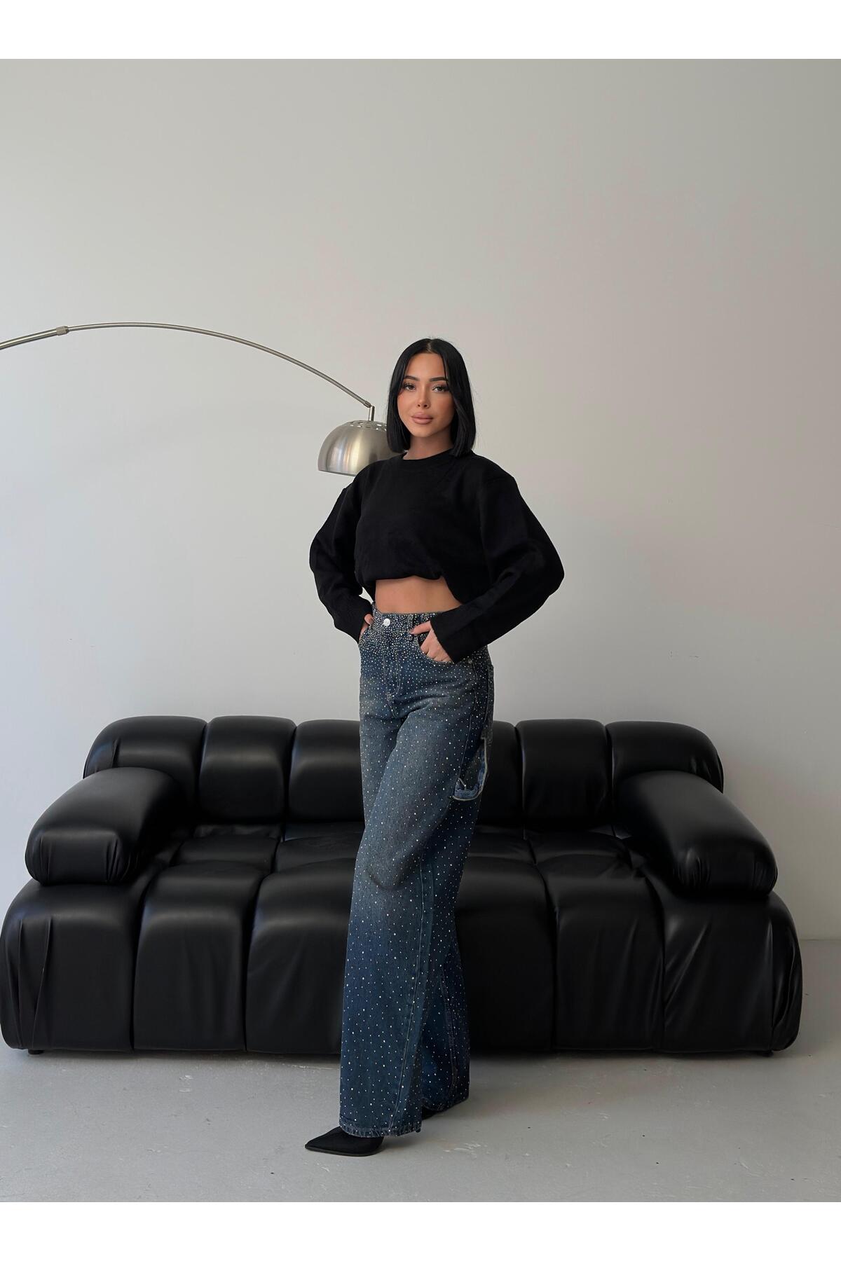 ParlaMira  Kadın Taşlı Yüksek Bel Bol Kesim Tokalı Jean - Görsel 6