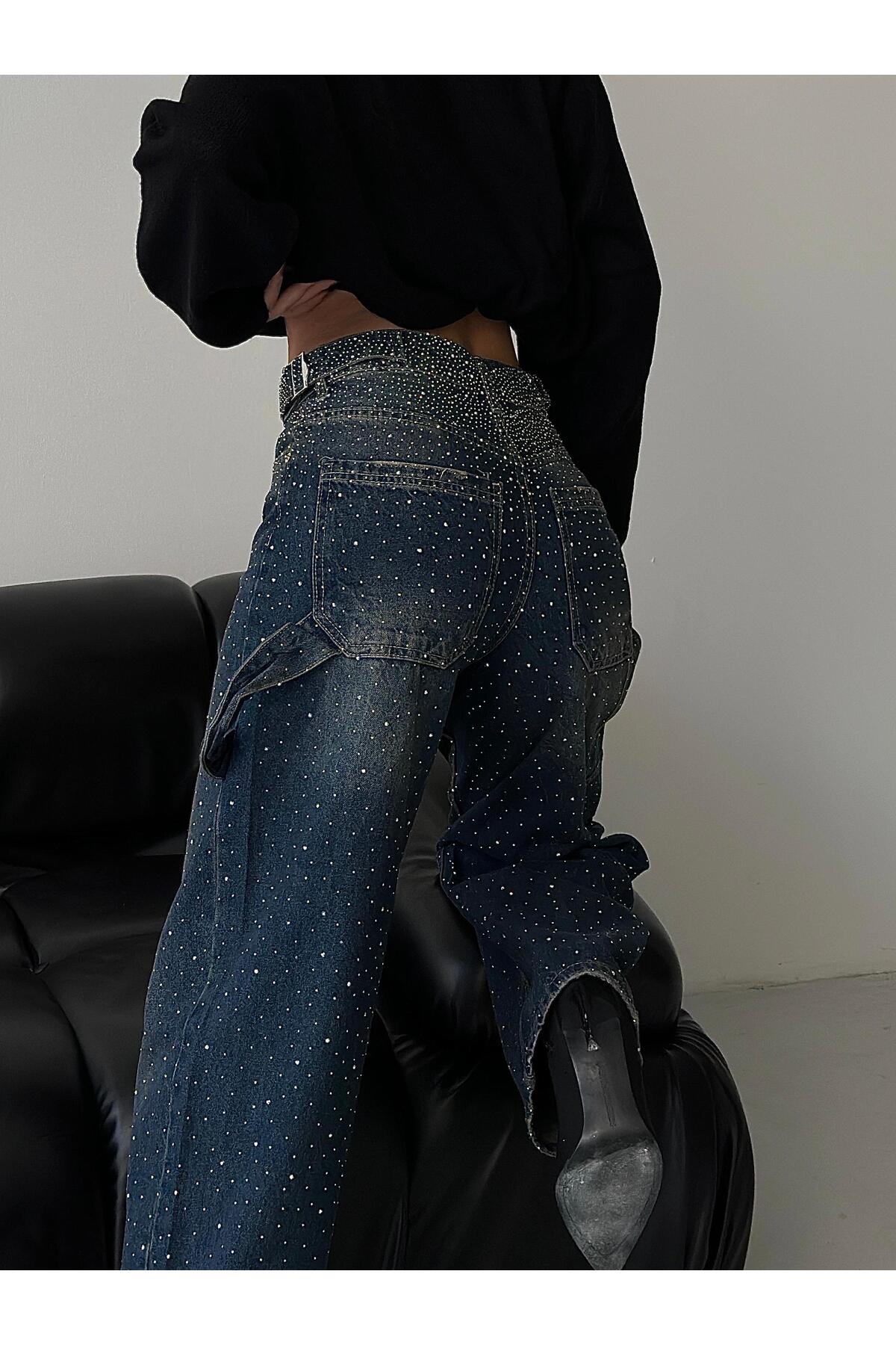 ParlaMira  Kadın Taşlı Yüksek Bel Bol Kesim Tokalı Jean - Görsel 5