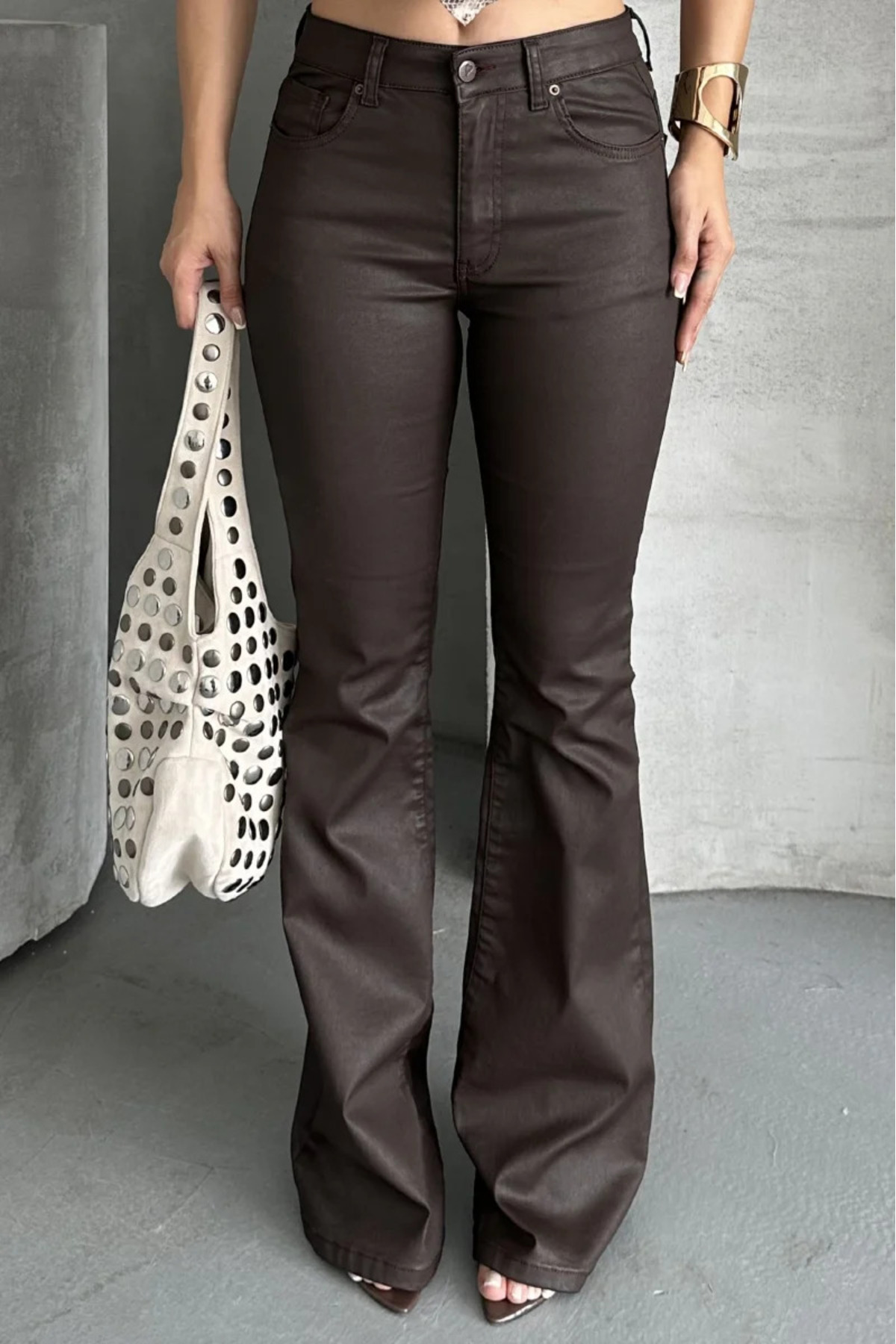Coşkun GİYİM  Kadın İspanyol Paça Mumlu Pantolon KAHVERENGİ 7071-78 - Görsel 5