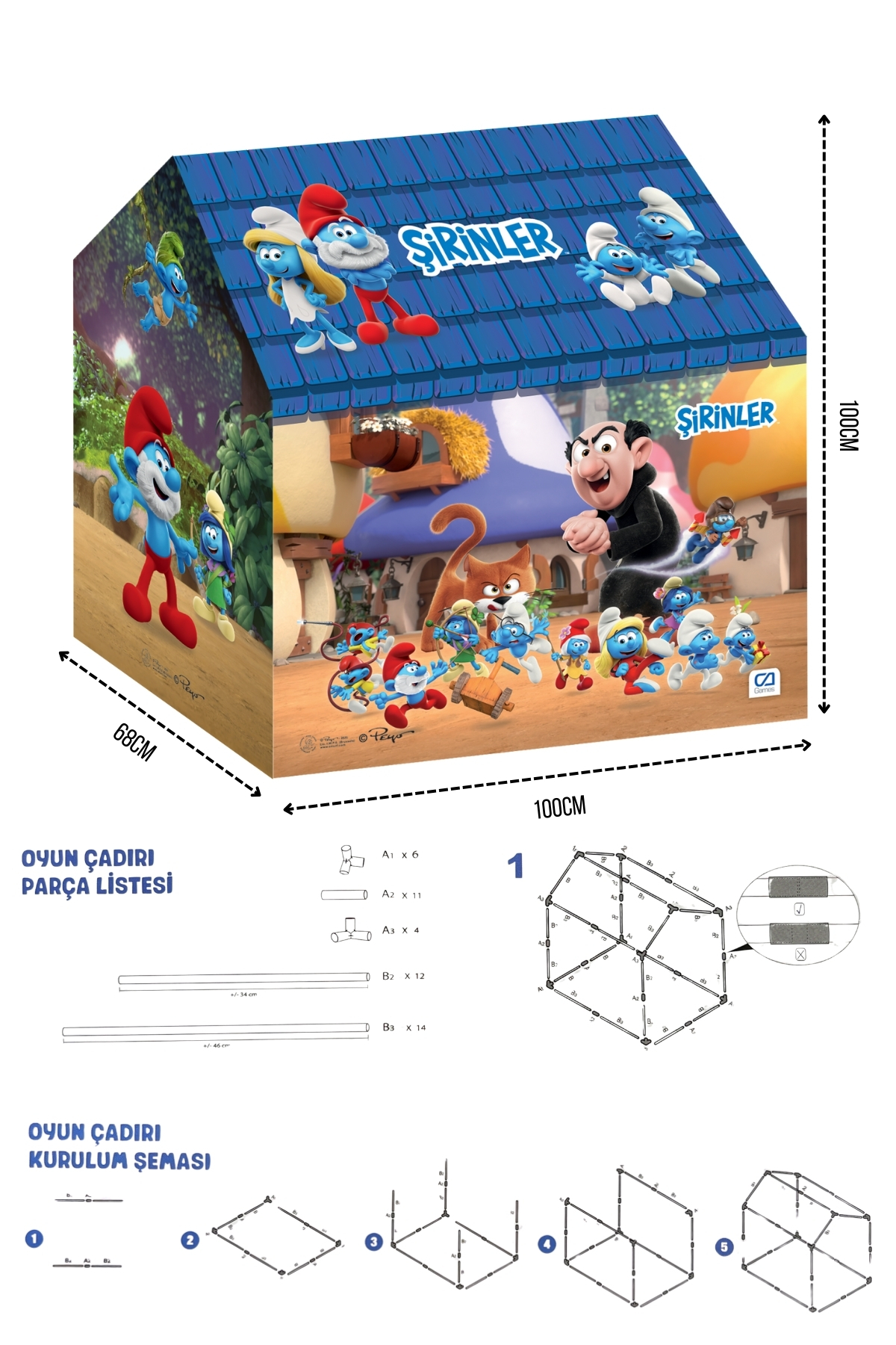 CA Games Şirinler Smurfs Temalı Lisanslı Kaliteli Kumaşlı 2 Kişilik Kolay Kurulum Eğlenceli Çocuk Oyun Çadırı fotoğrafı 7 (önizleme)