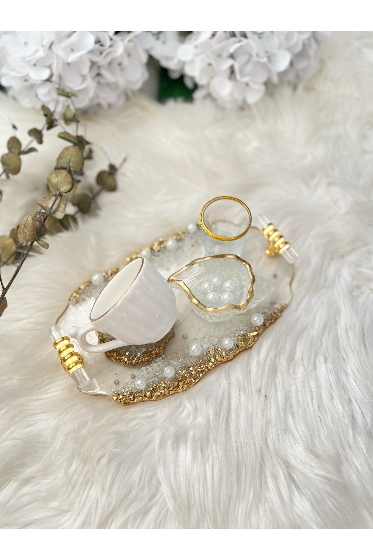 RESİNARTSHOP Epoksi Tepsi Şeffaf & Gold Damat Tepsi Seti