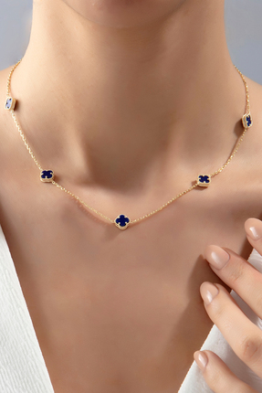 SARIASLAN Lacivert Taşlı Dört Yaprak Yonca 925 Ayar Gümüş Kolye Altın Rengi