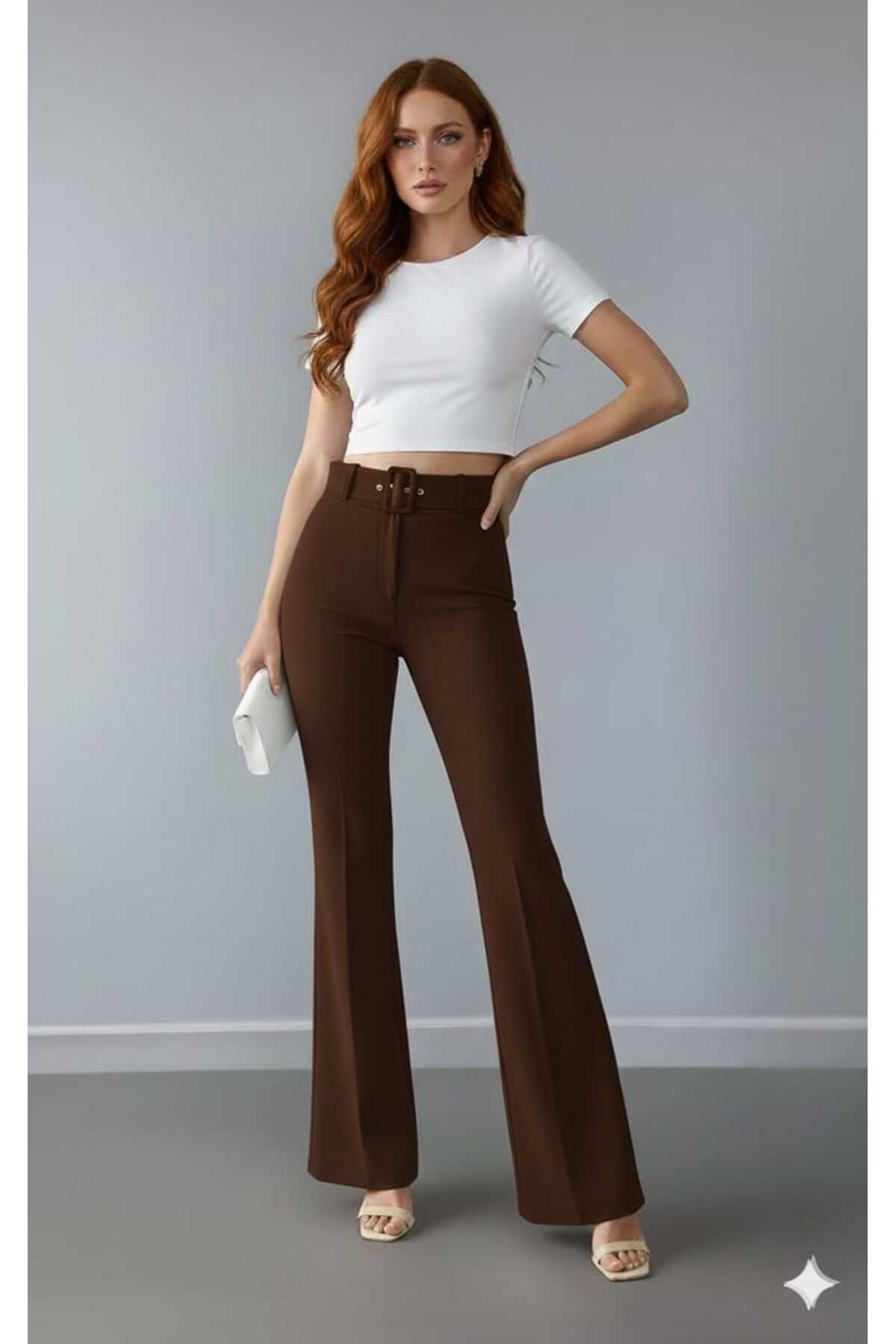 LEXİNWEAR Kadın İspanyol Paça Kemerli Pantolon Hafif Likralı İthal DoubleFace Kumaş