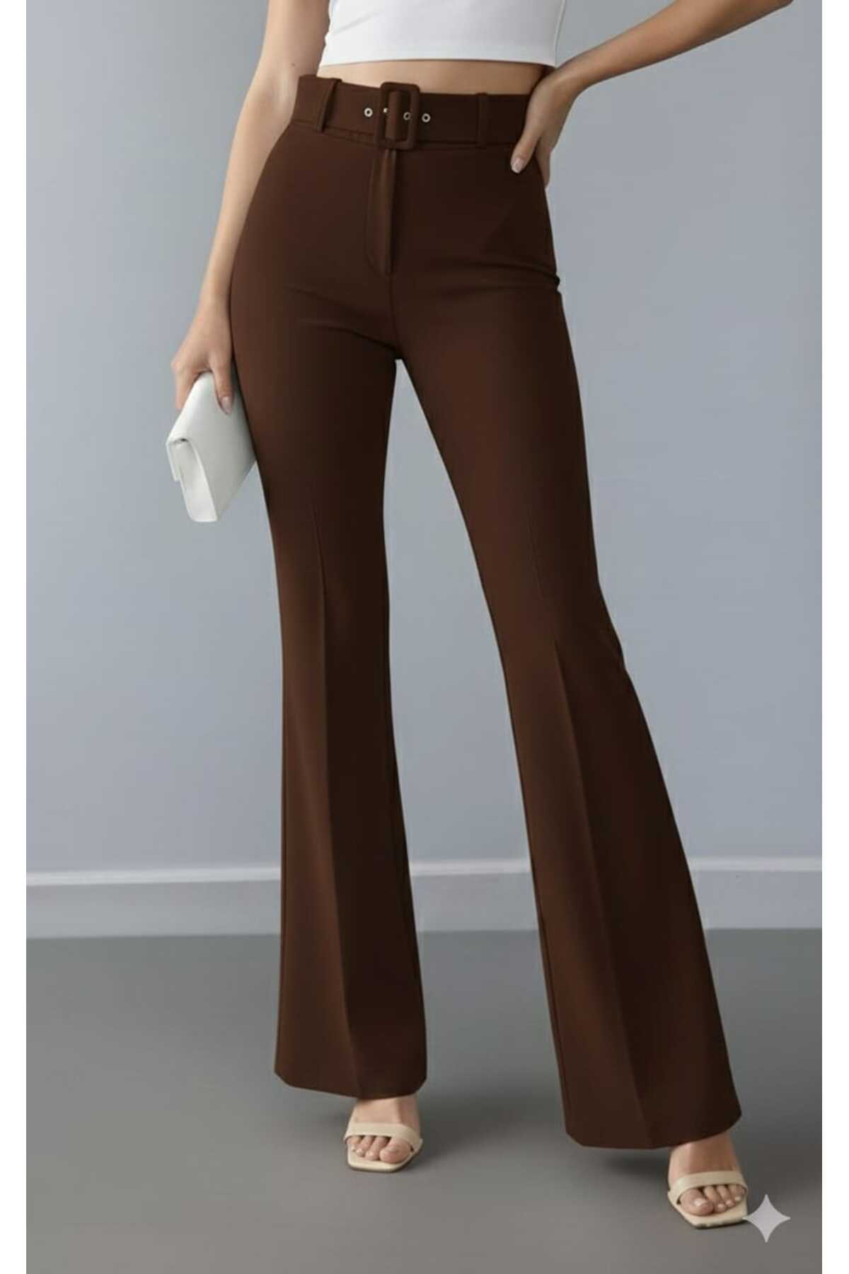 LEXİNWEAR Kadın İspanyol Paça Kemerli Pantolon Hafif Likralı İthal DoubleFace Kumaş görsel 2