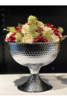 VAZO DEKOR Dövme Metal Dekoratif Vazo ve Sunumluk Seti - Altın & Gümüş Renk Lüks