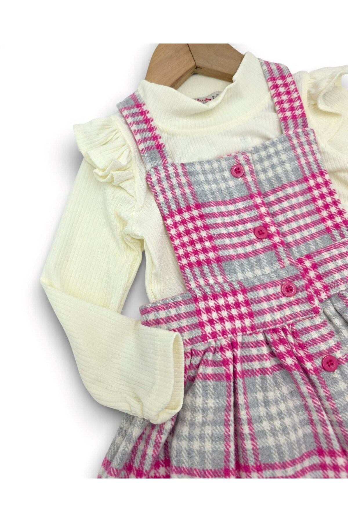 Ege Bebek Kız Çocuk Ekose Desenli 2-3-4-5-6 Yaş Salopet Elbise , Badili 2'li Şık Takım fotoğrafı 5 (önizleme)