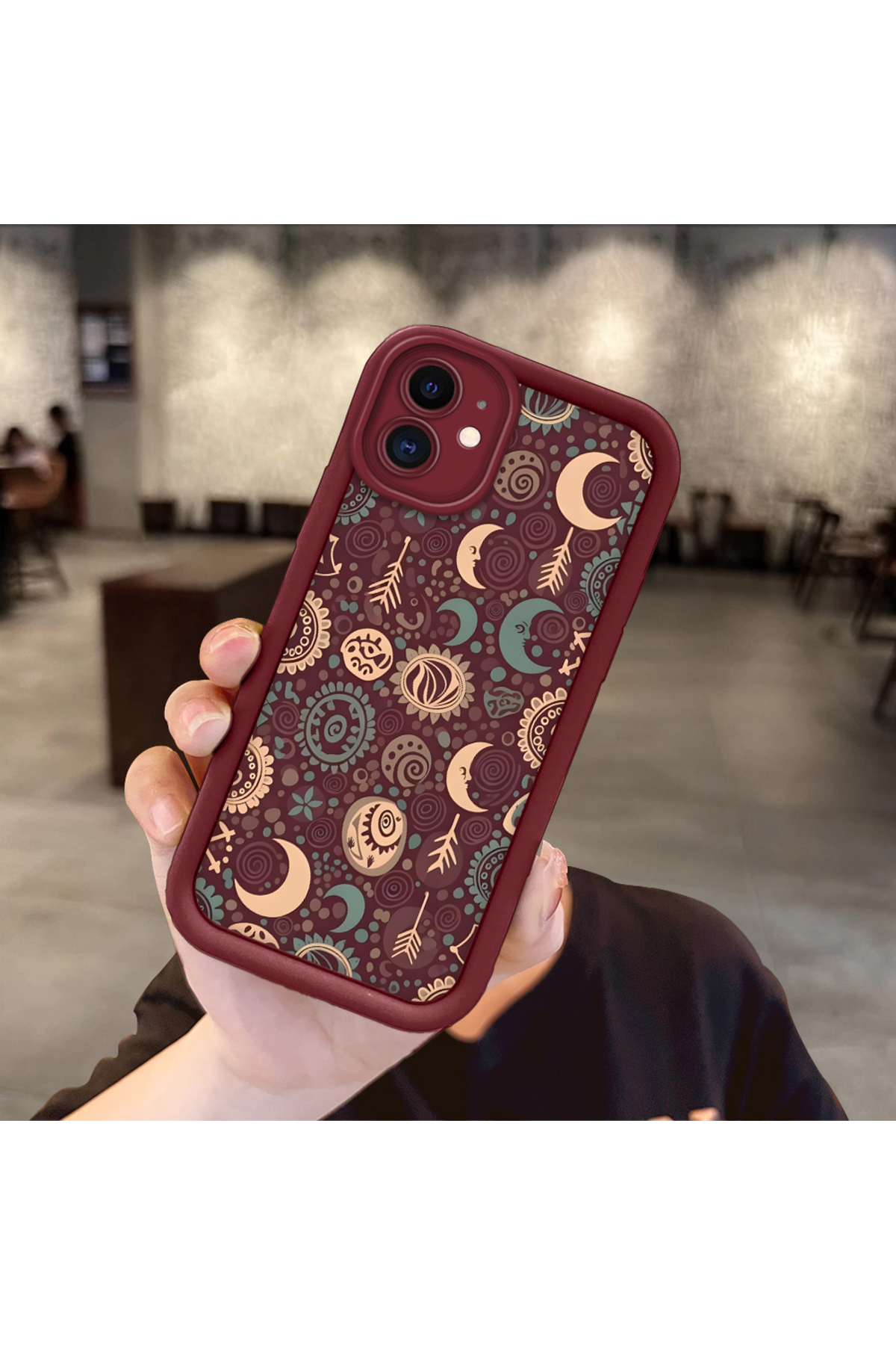 iPhone 12 Compatible Claret Red Silicone Case-Vintage Patterned Shockproof