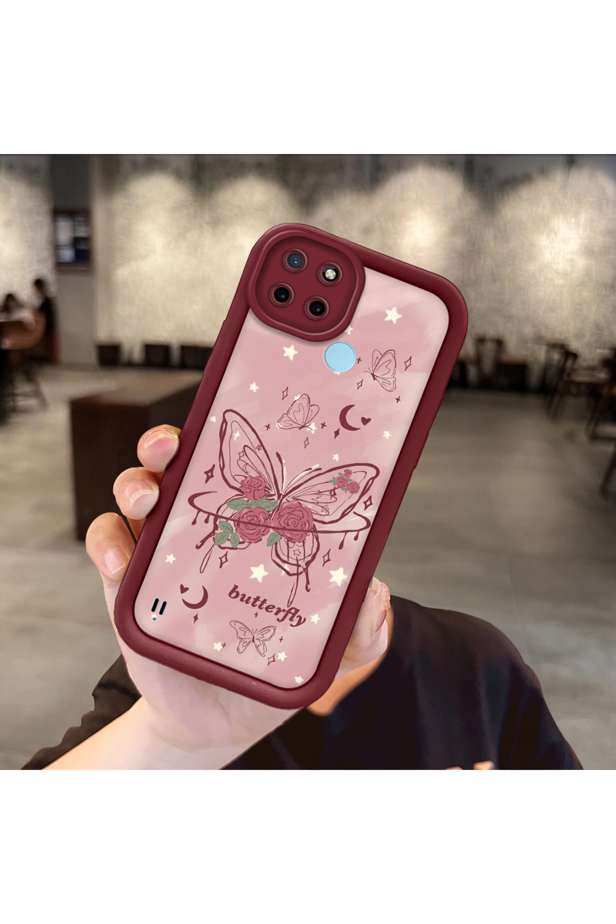 Realme C21Y/C25Y Compatible Rose Butterfly Pattern Claret Red Silicone Shockproof Case