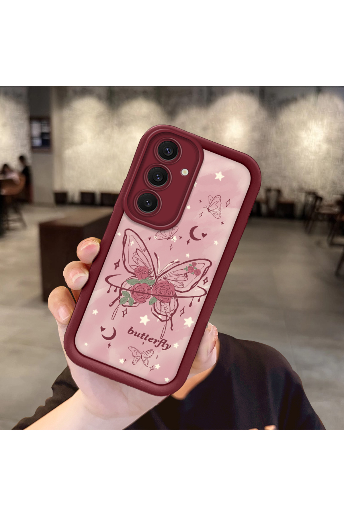 Samsung Galaxy S24 Plus Compatible Rose Butterfly Pattern Claret Red Silicone Shockproof Case
