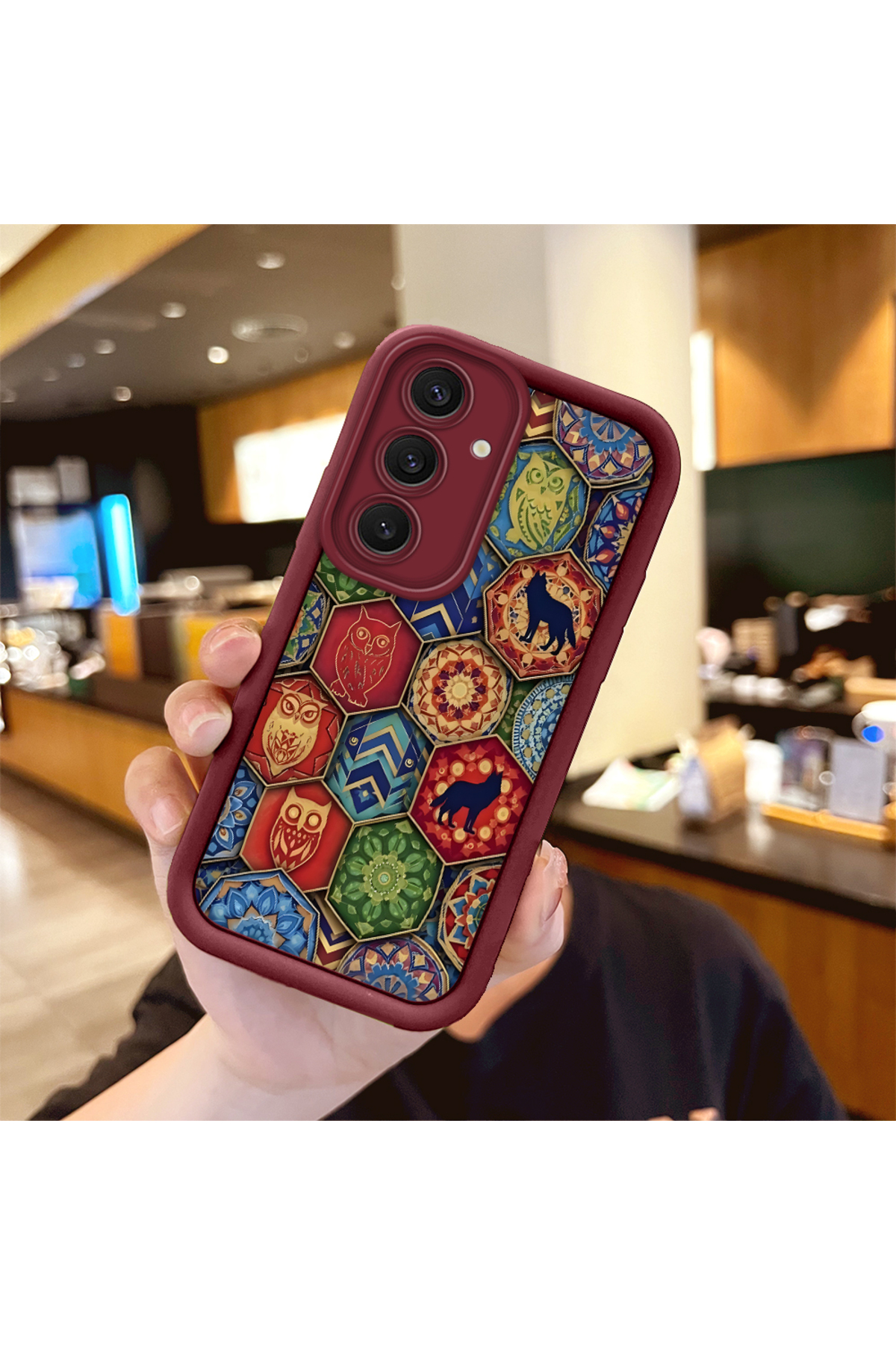 Samsung Galaxy S24 Plus Compatible Burgundy Silicone Case-Vintage Patterned Shockproof