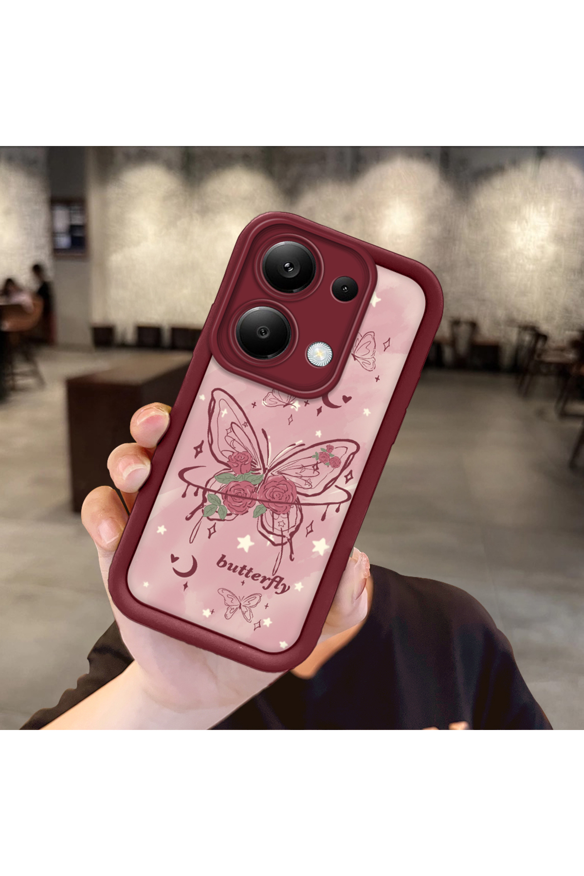 Xiaomi Redmi Note 13 Pro 4G Compatible Claret Red Silicone Shockproof Case with Rose Butterfly Pattern