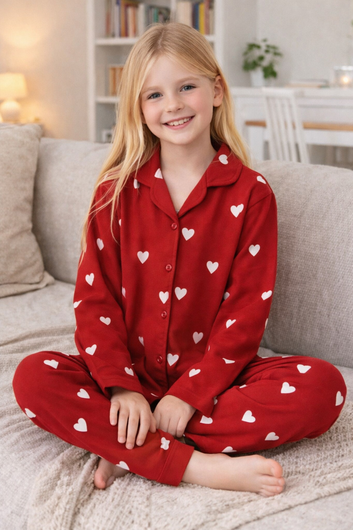 Krazber Kız Çocuk Pijama Takımı Kalp Desen Pamuklu Uzun Kollu fotoğrafı 2 (önizleme)