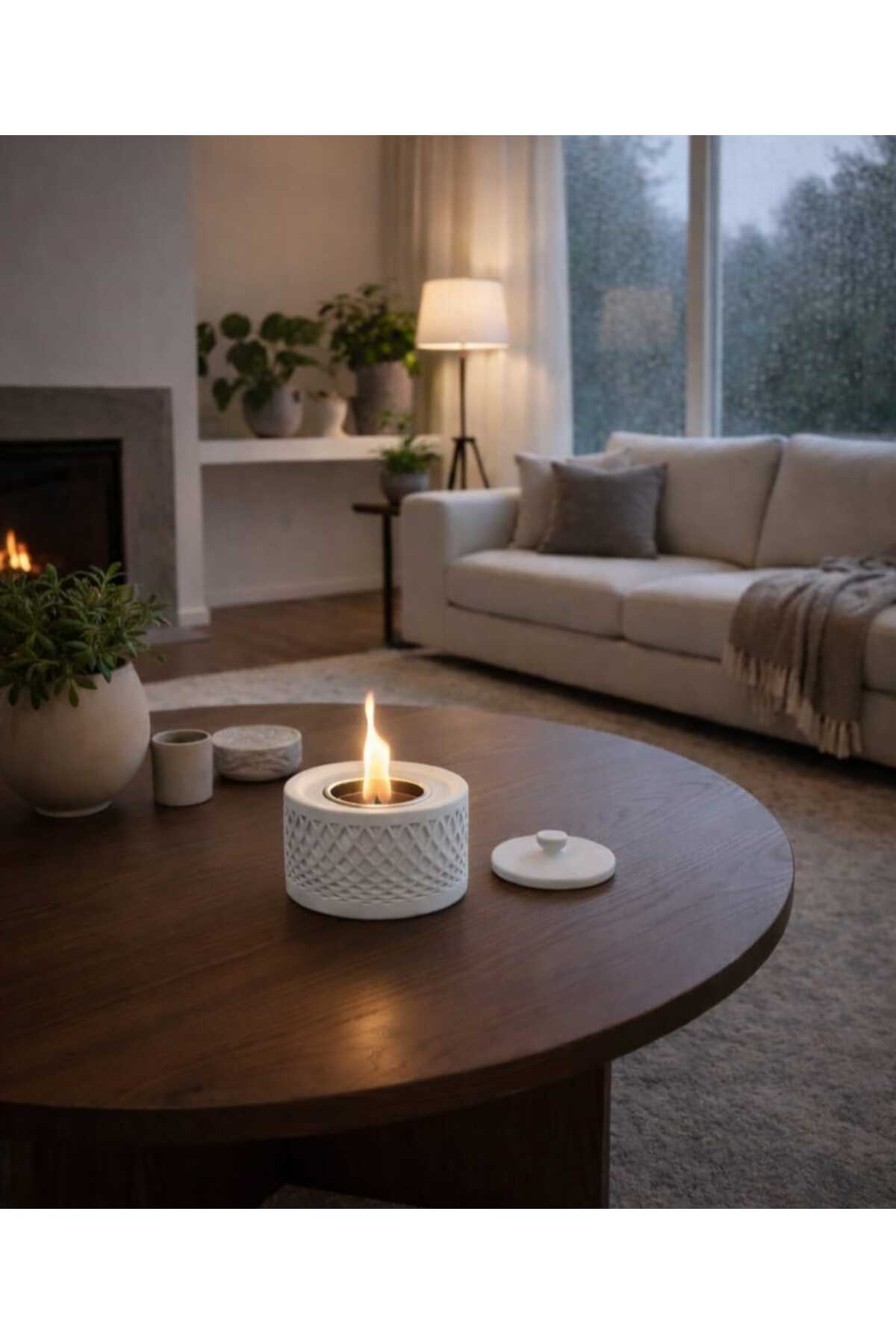 Beton Mini Şömine | El Yapımı Masa Üstü Şömine | Modern Ev Dekoru Beyaz