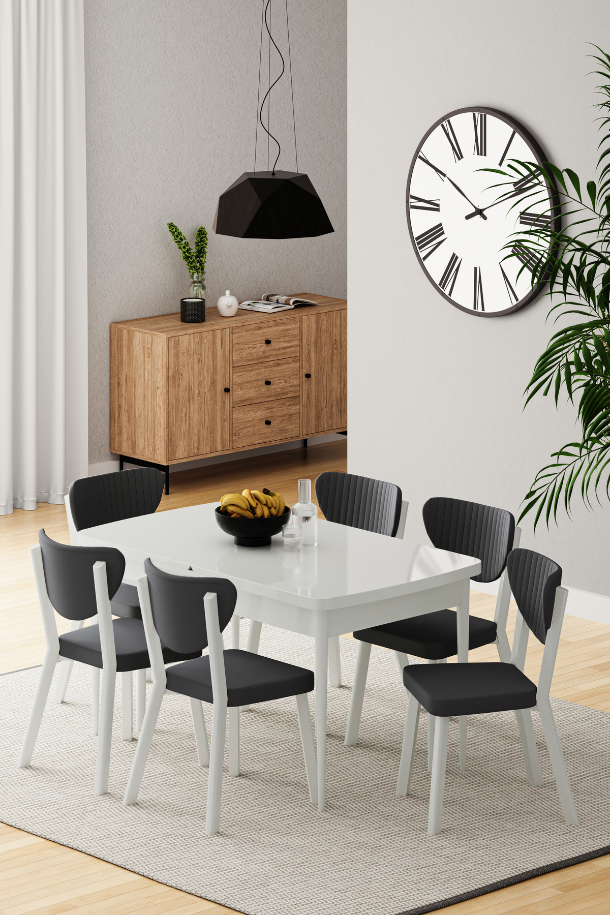 Exven Series 80x132 Openable White Table Set 6 DARK GREY CHAIRS